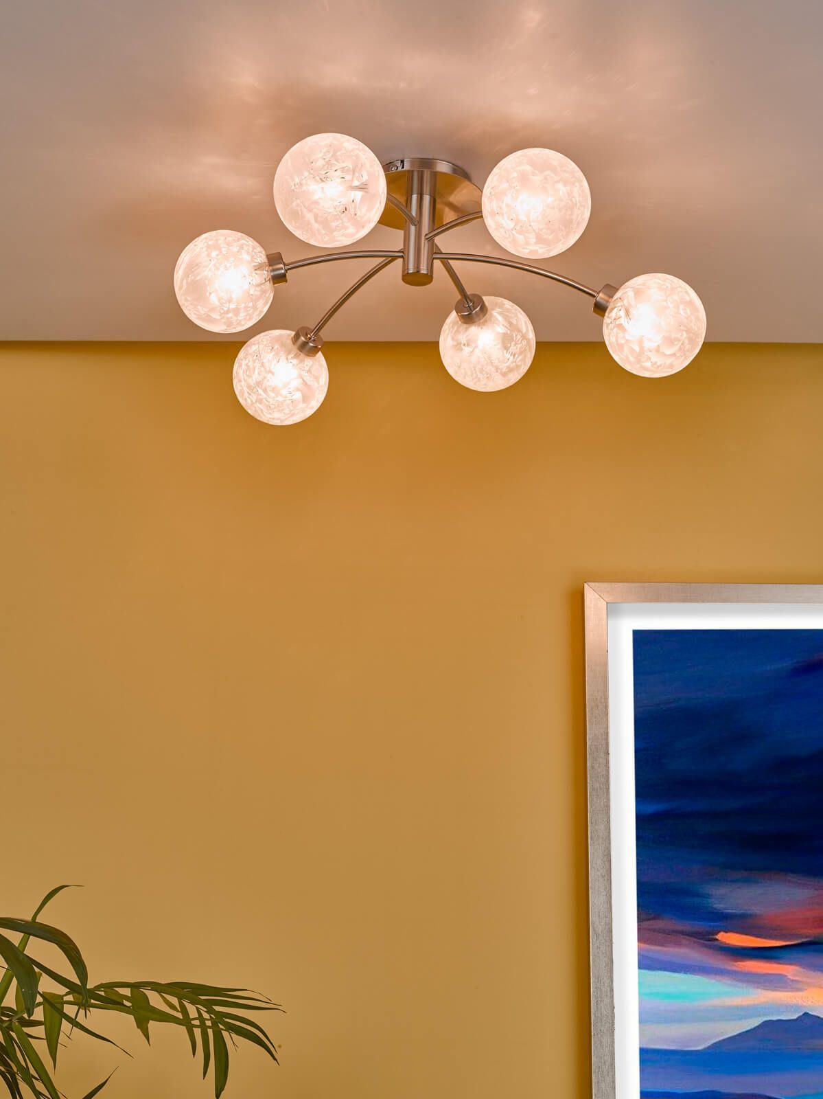Avari 6Lt Semi Flush Ceiling Light Fixture - Satin Nickel Finish with Frosted Glass Shade, IP20 Rated - Perfect for Bedroom, Living Room, and Hallway Lighting