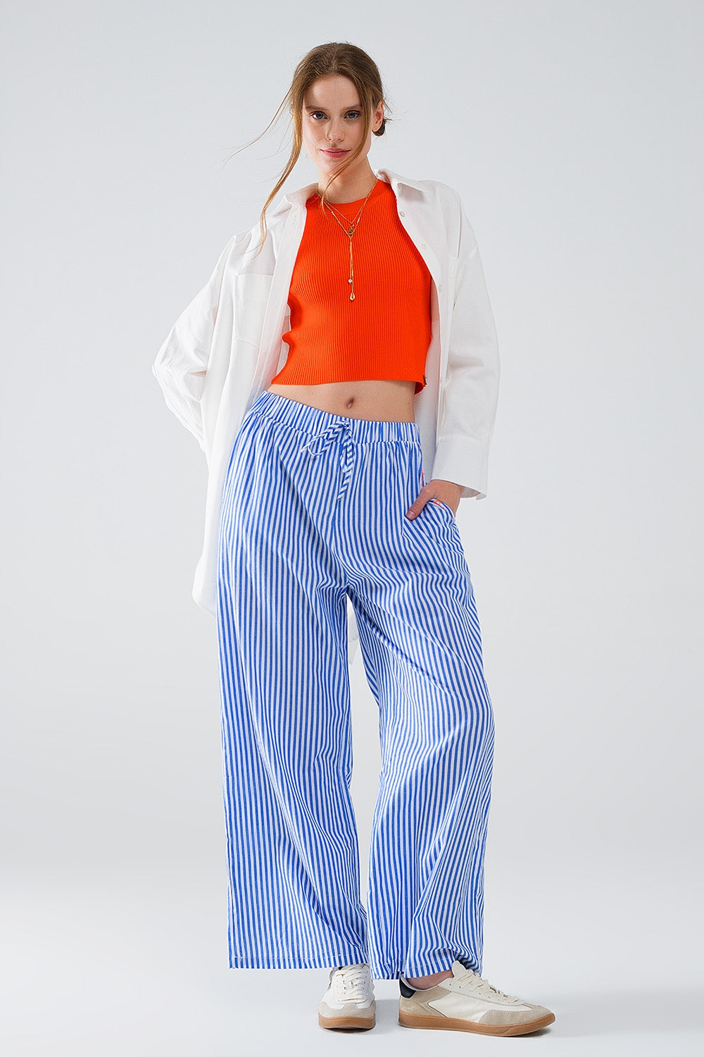 Blue Striped Elastic Waist Pants with Pockets - Comfortable Casual Wear for Work, Travel & Everyday Outfits