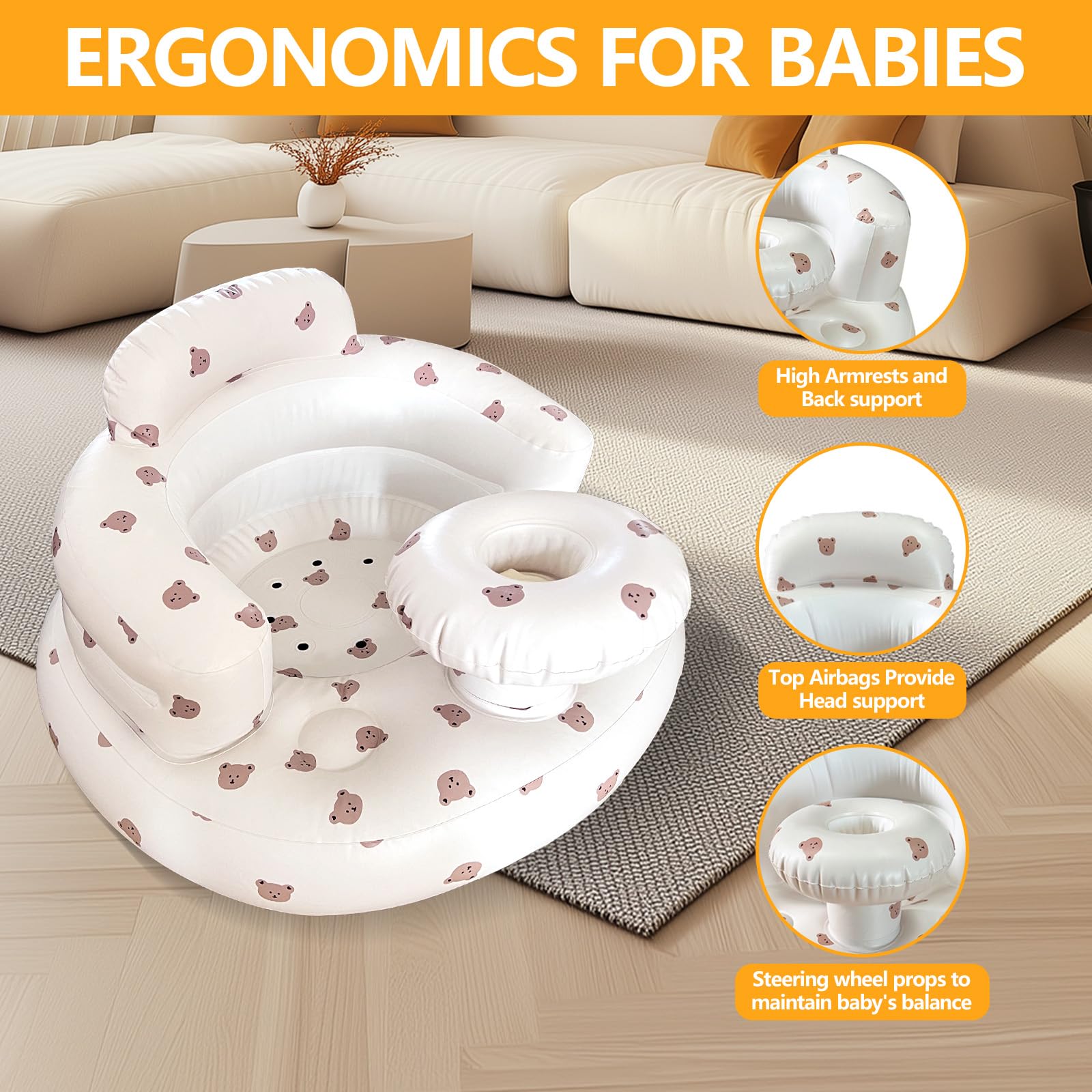 Inflatable Baby Floor Seat with Tray & Built-in Air Pump - Soft Support Chair for Infants 3 Months+ (Bear Design) - Perfect for Playtime, Feeding & Learning to Sit