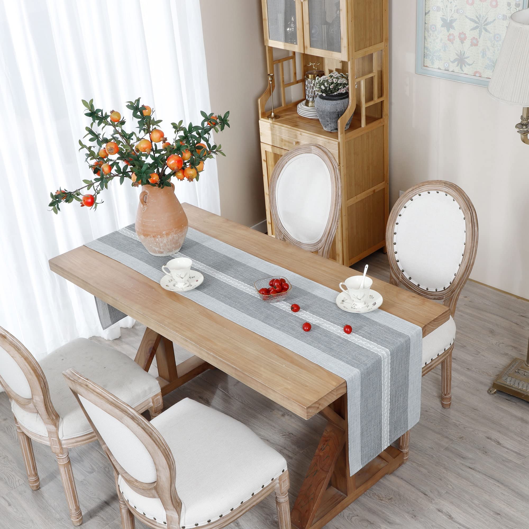 Farmhouse Braided Striped Table Runner - Rustic Embroidery Coffee Table Decor for Weddings, Holidays & Home (Grey, 13x60 Inch) - Perfect for Dining Tables, Centerpieces & Seasonal Decorations