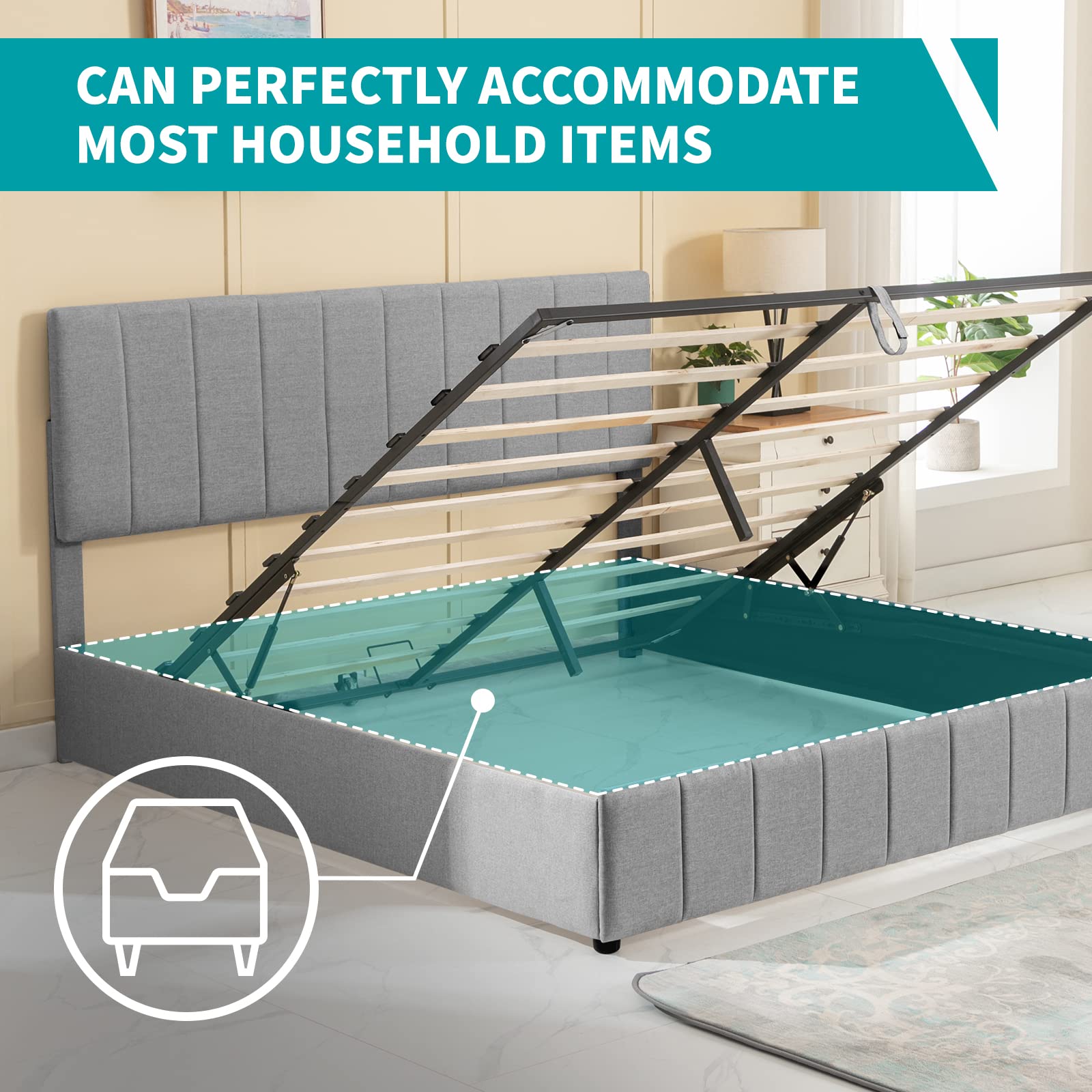 BALUS Queen Bed Frame with Storage - Hydraulic Lifting Platform Bed with Upholstered Wingback Headboard, Modern Floating Cloud Bed Frame (No Box Spring Needed) - Perfect for Small Bedrooms, Guest Rooms & Apartment Living