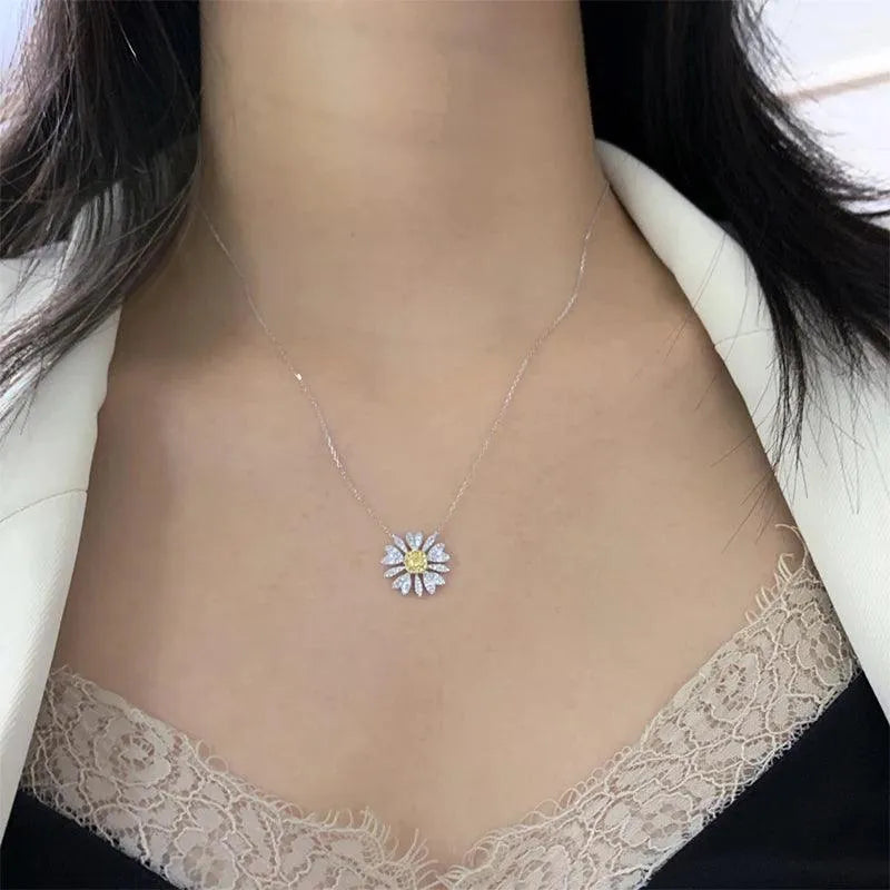 18K White Gold Necklace with Real Yellow Diamond Chrysanthemum Pendant for Women - Elegant Wedding Gift, Birthday Present & Anniversary Jewelry - Perfect for Special Occasions, Date Nights and Formal Events