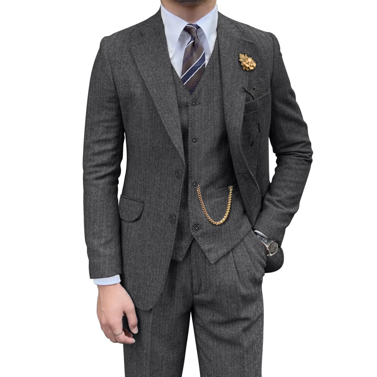 Retro Men's 3-Piece Tweed Herringbone Slim Fit Suit Set - Brown Groomsmen Tuxedo with Jacket, Vest & Pants for Weddings, Prom & Formal Events