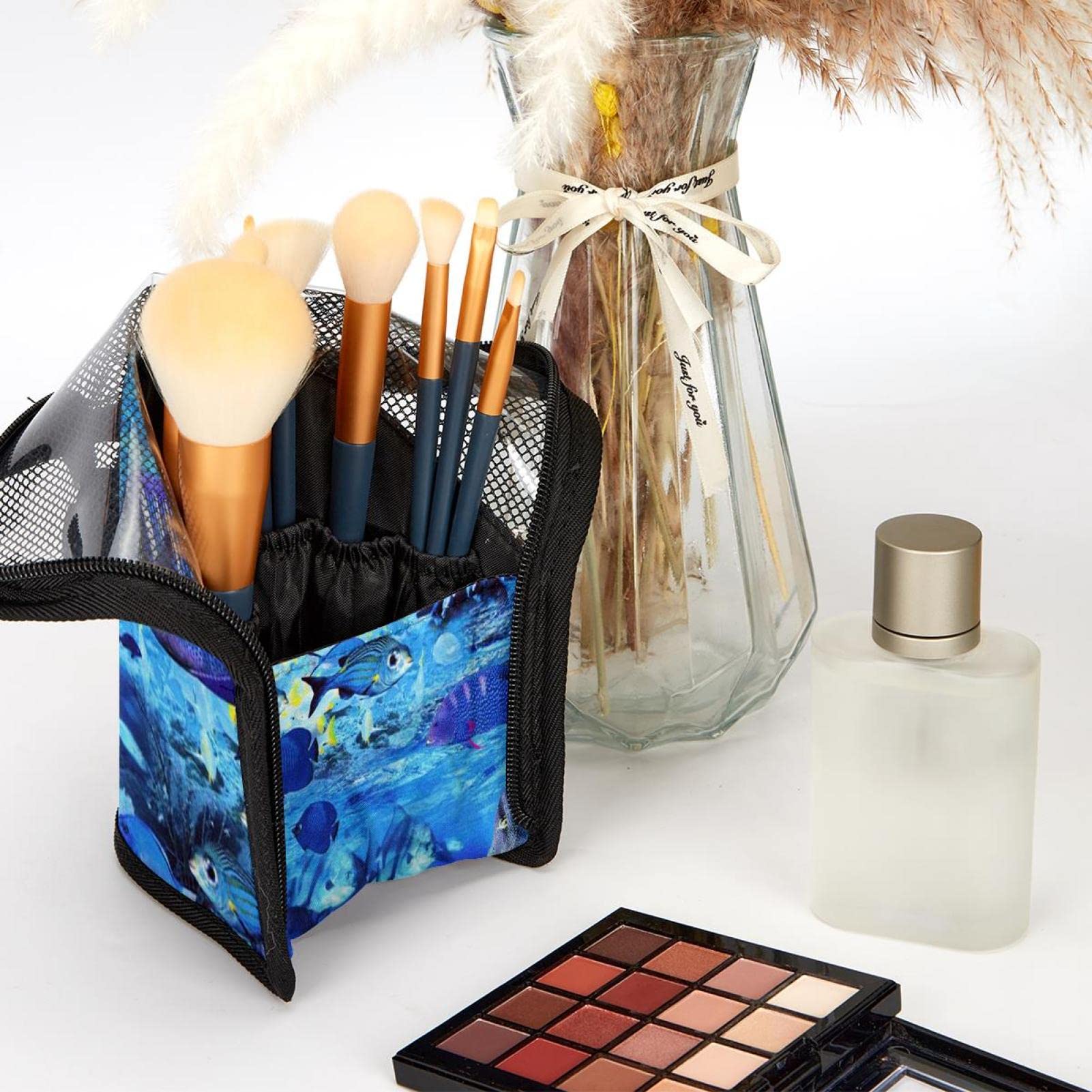 Premium Makeup Brush Organizer Bag with 12 Slots - Waterproof Portable Cosmetic Brush Holder Case for Travel & Home Storage (Deep Sea Fish Design) - Perfect for Makeup Artists & Beauty Enthusiasts