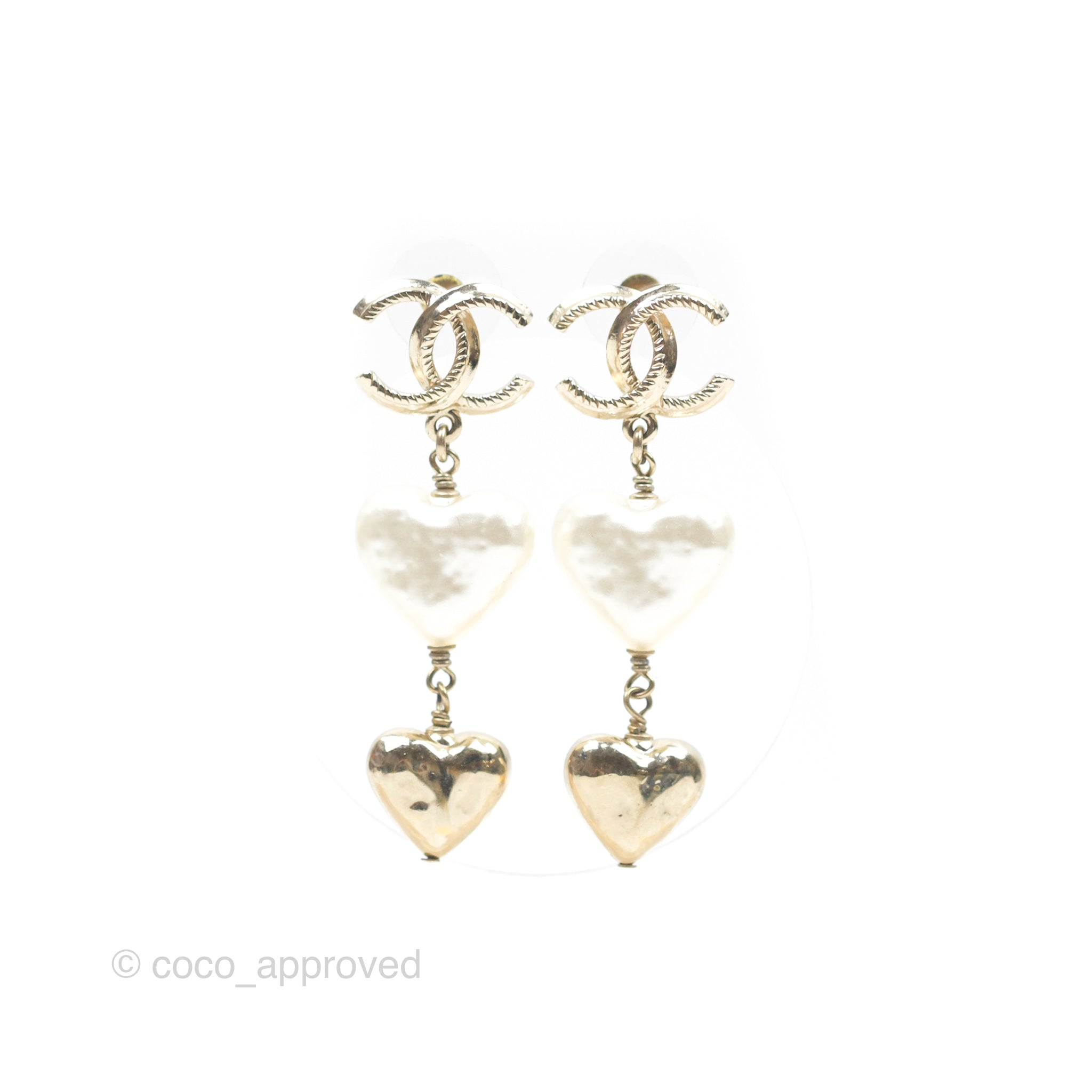 Chanel CC Pearl Heart Drop Earrings for Women - Gold Tone Fashion Jewelry 22C Collection | Perfect for Weddings, Parties & Special Occasions