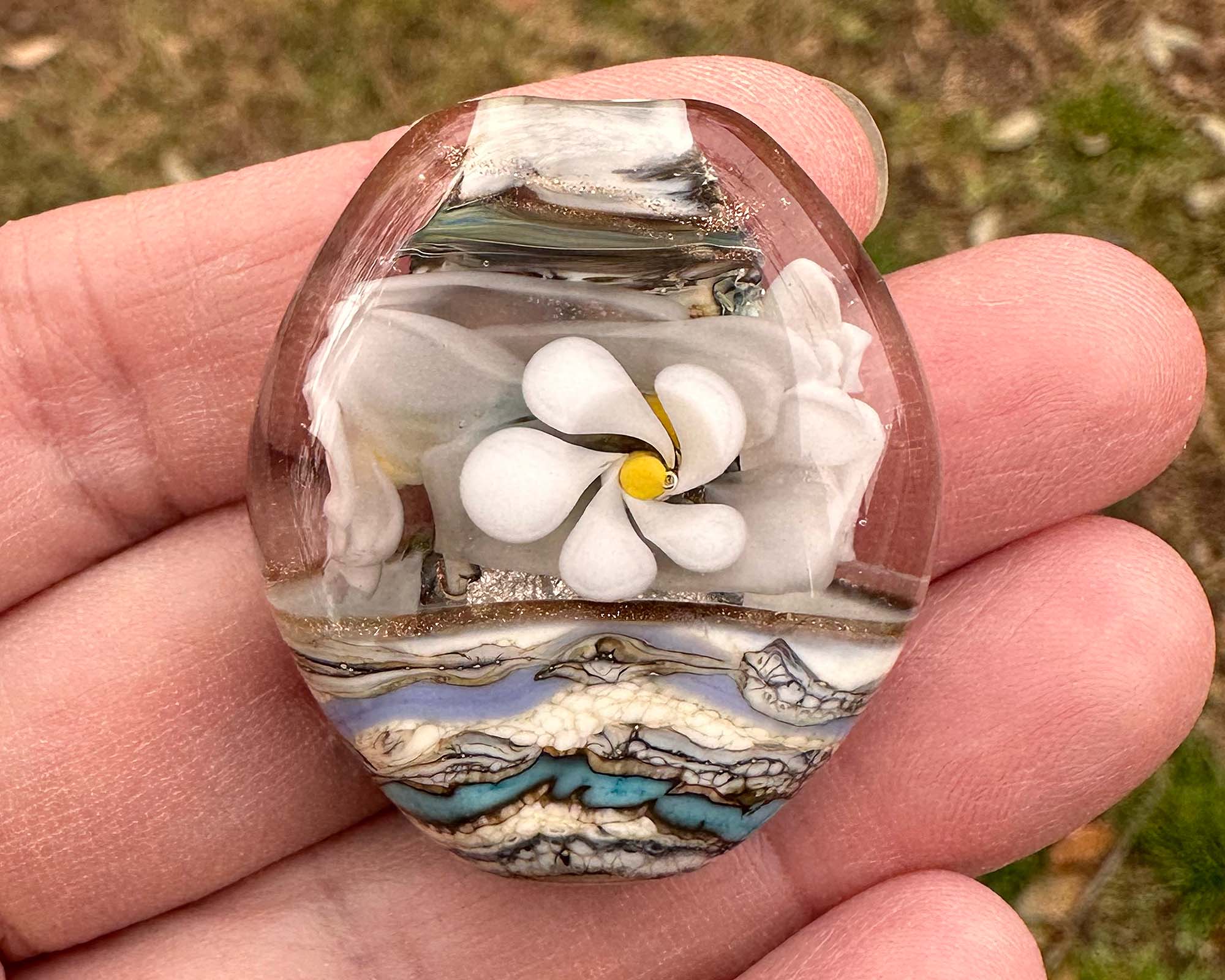 Handmade White Floral Organic Lampwork Glass Focal Bead for Jewelry Making - Perfect for Necklaces, Bracelets, and DIY Crafts