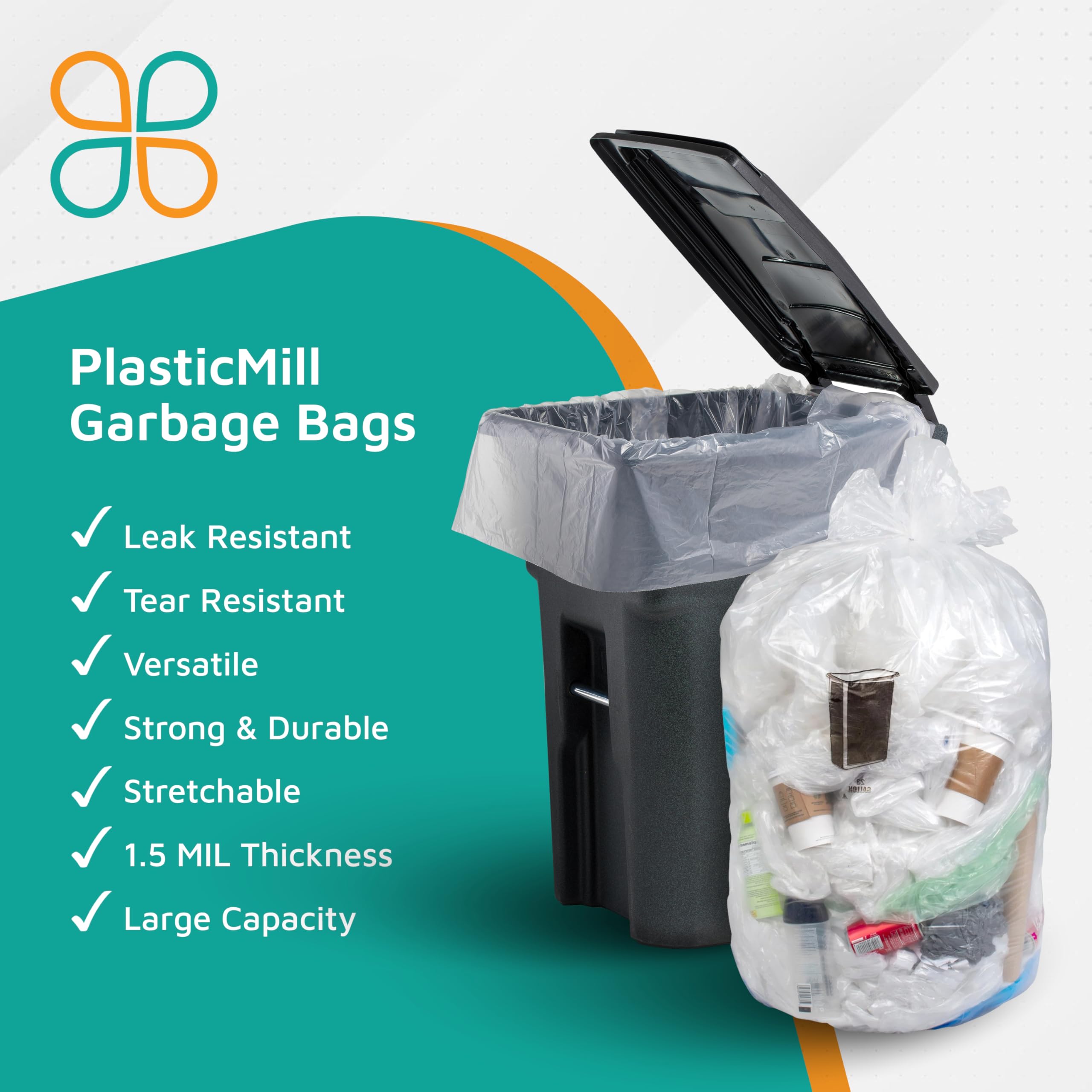 **PlasticMill Heavy Duty 64-Gallon Clear Trash Bags - 1.5 Mil Thick, 50