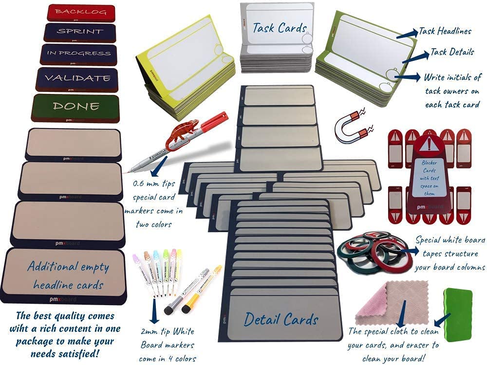PMXBoard Agile Project Management Magnetic Cards Set - 114 Piece Scrum & Kanban Board Kit with Magnetic Cards for Project Planning | Perfect for Agile Teams, Sprint Planning & Task Tracking in Office or Remote Work
