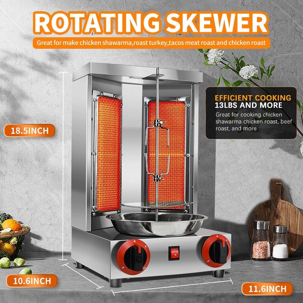 Li Zhen Commercial Gas Vertical Shawarma Doner Kebab Grill Machine - 2 Burner Propane Rotisserie Broiler with Meat Catch Pan (Patented) for Restaurants, Food Trucks & Catering Events