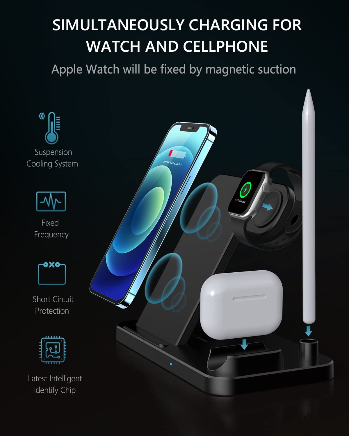 4-in-1 Fast Wireless Charging Station for iPhone 12/11/8/X & Samsung - Apple Watch & AirPods Pro Charger | Multi-Device Wireless Charging Stand for Home, Office & Nightstand Use