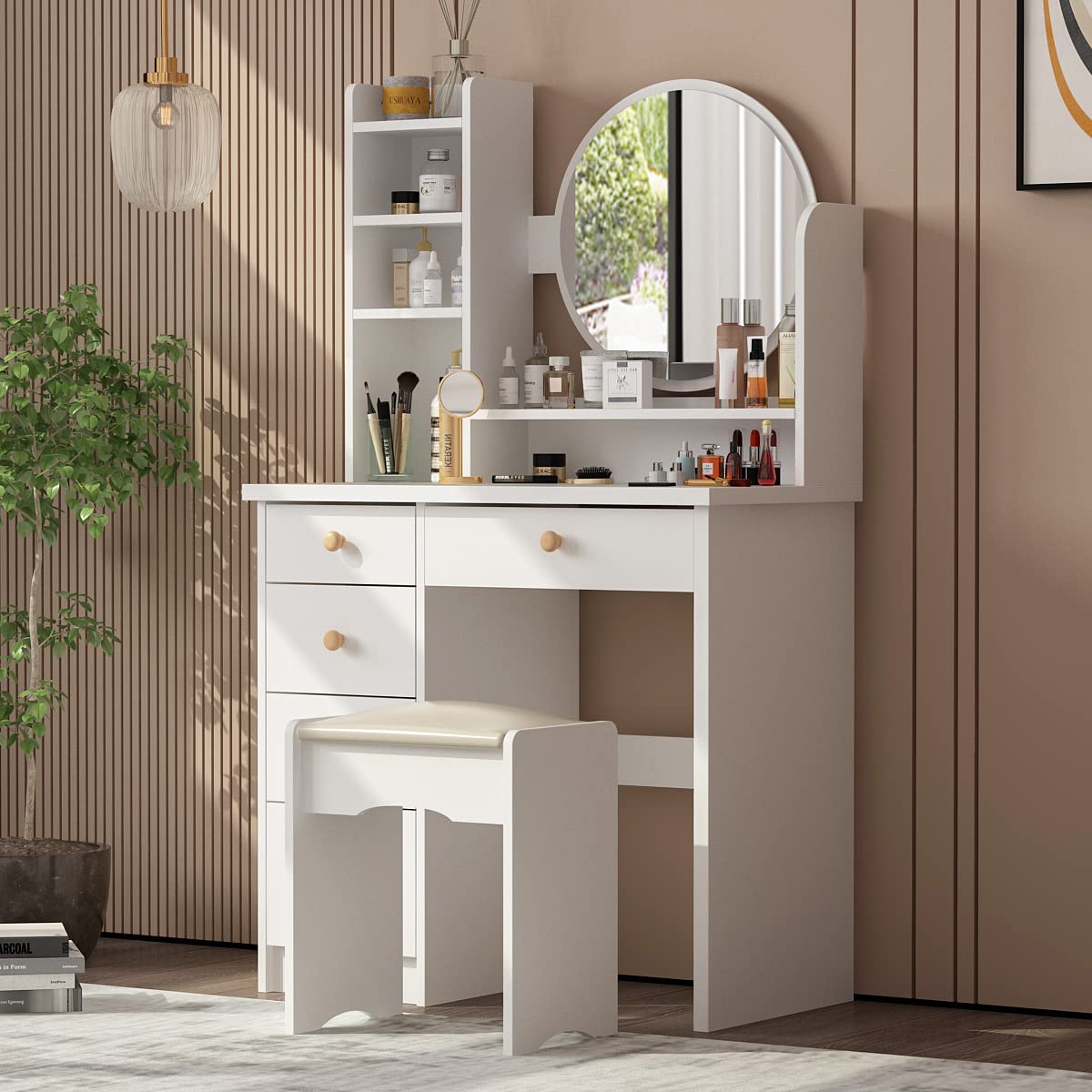 AIEGLE White Vanity Desk Set with Round Mirror - 31.5