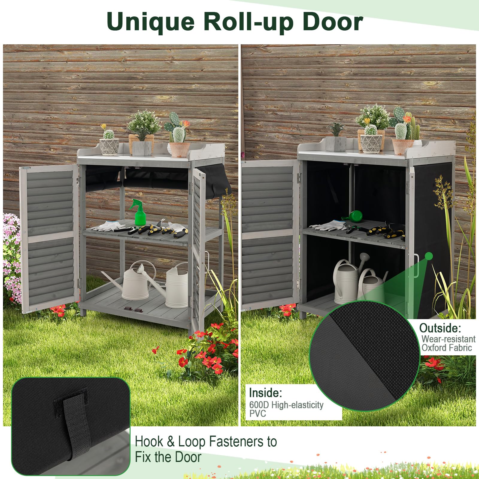 **AFSTAR Outdoor Potting Bench with Metal Tabletop & 2 Storage Shelves – Waterproof Garden Tool Shed, Wooden Potting Table for Patio & Backyard – Grey | Perfect for Gardening, DIY Projects & Outdoor Storage**