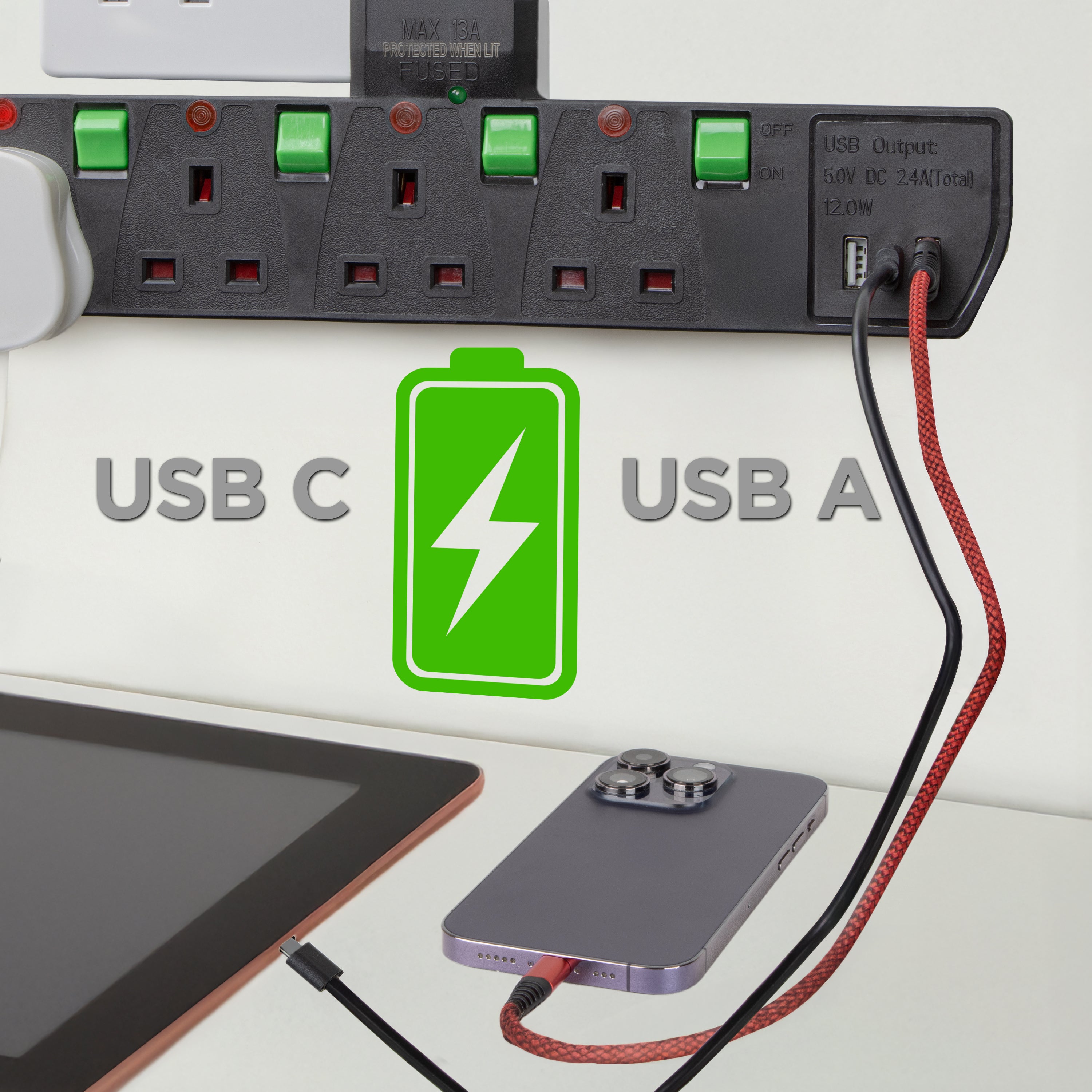 Duronic S125B 4-Way UK Power Extension Lead with 3 Surge-Protected Sockets, 2.4A USB Ports & 1 USB-C Port | 3kW Multi Plug Adapter with Individual Switches | Perfect for Home Office, Travel & Charging Multiple Devices