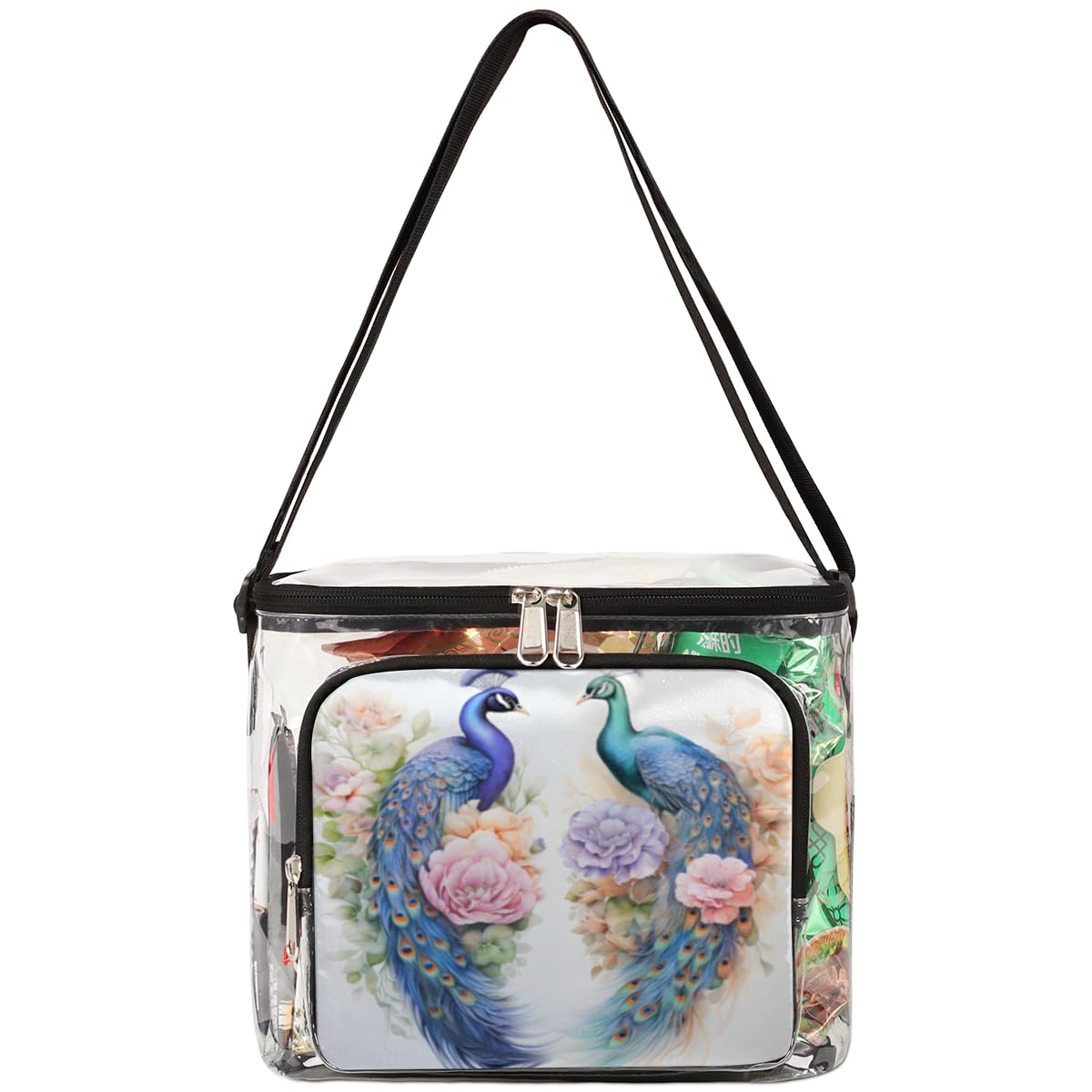 GzLeyigou Clear Peacock Rose Print Tote Bag with Handles - Animal Transparent Crossbody Shoulder Bag for Lunch, Outdoor, Travel, Picnic, Concerts & Sports Events - Stadium Approved Multi-Purpose Carryall for Women & Girls (Perfect for Beach, Shopping, Work & Daily Use)