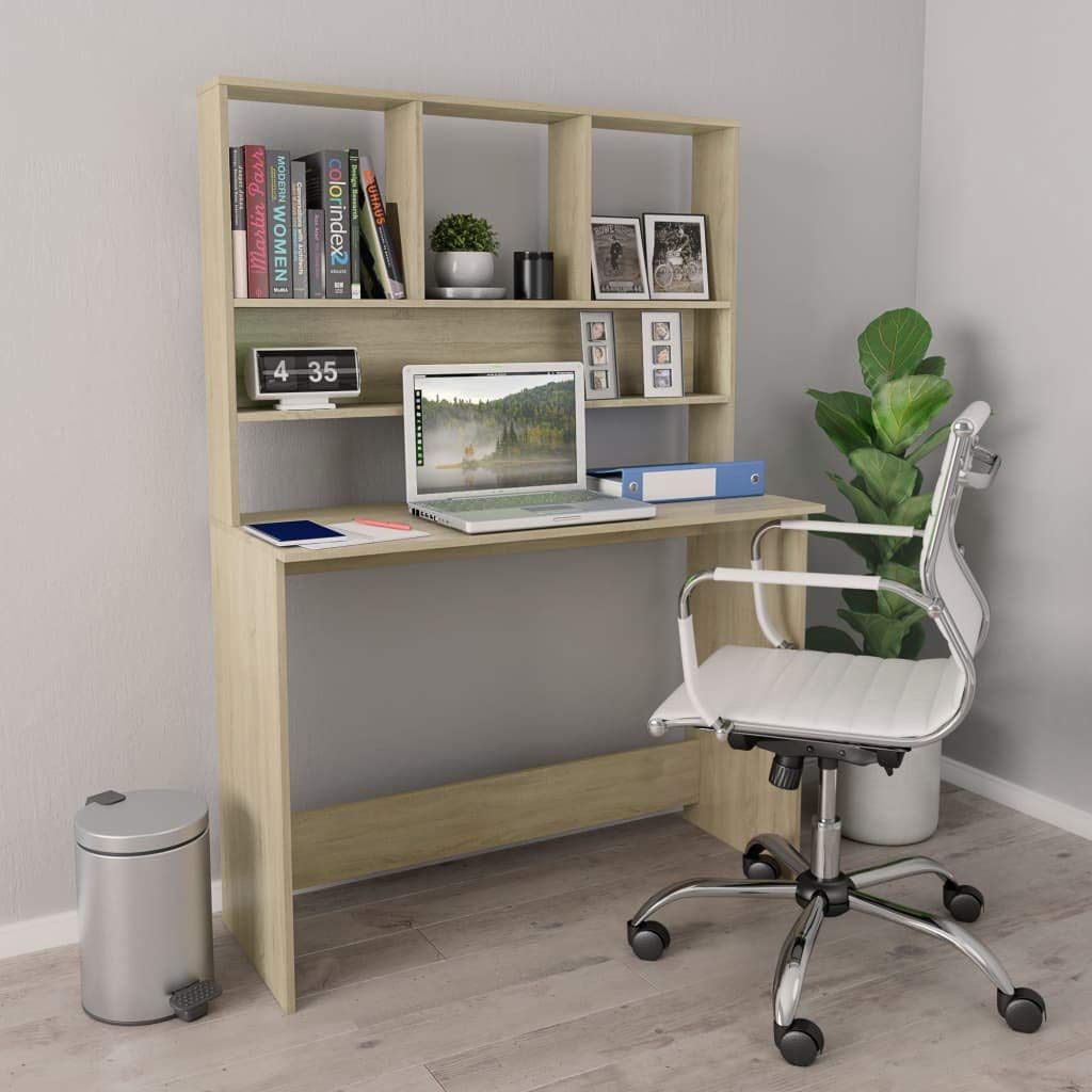 Modern VidaXL Computer Desk with Bookshelf, Study Writing Desk with Display Storage Shelves, Laptop Table Workstation for Home Office, Sonoma Oak 43.3x17.7x61.8 Inch Chipboard - Ideal for Small Spaces & Home Offices