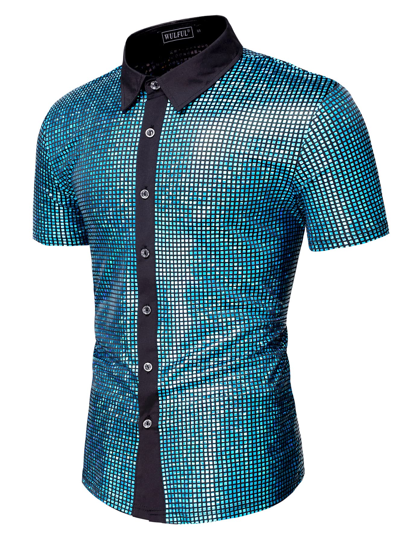 WULFUL Men's Disco Shirt with Sequins - 70s Vintage Short Sleeve Button Down Shirt for Costume Parties, Nightclub Outfits & Themed Events
