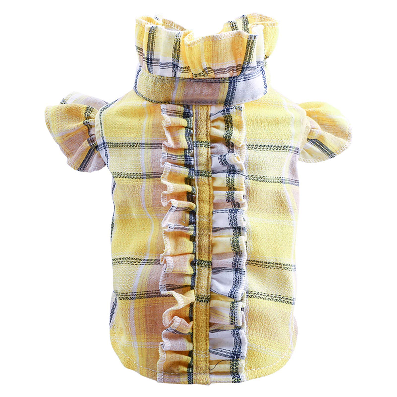 HEART SPEAKER Dog T-Shirt - Plaid Print Fashion Cotton Button-Up Ruffled Puppy Vest for Small Dogs - Summer Yellow XS - Perfect for Outdoor Walks & Pet Photo Shoots