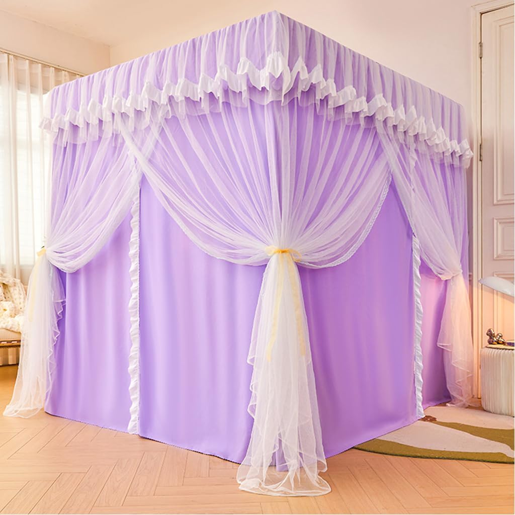 2-in-1 Double Protection Princess 4 Corner Post Bed Mosquito Net & Blackout Bed Curtains - Purple California King Size for Bedroom Privacy & Insect Protection - Perfect for Nursery, Dorm Room or Canopy Bed Decor