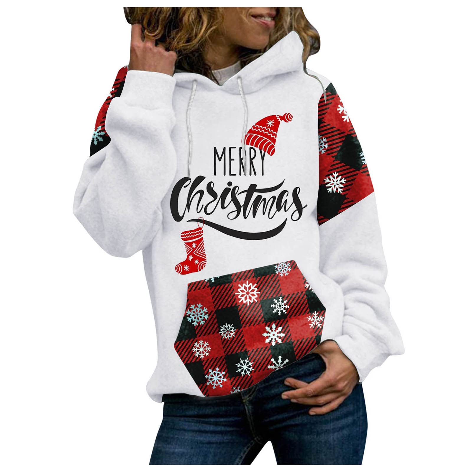 Women's Christmas Graphic Hoodie Sweatshirt - Cozy Long Sleeve Pullover Hooded Sweatshirt Top for Holiday Parties & Winter Outfits