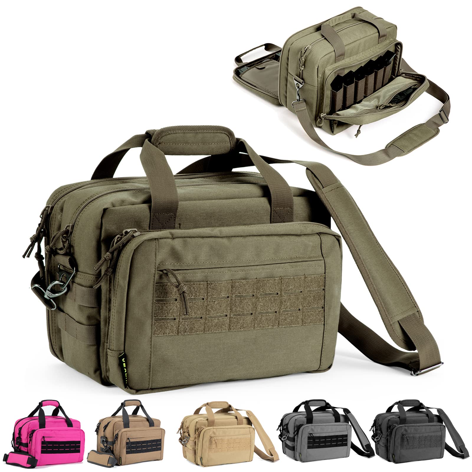 VEAGIA Tactical Range Bag - Durable Pistol Case for Handguns, Ammo & Accessories - 3 Compartment Soft Carrying Gun Range Bag for Shooting Range, Hunting & Outdoor Sports