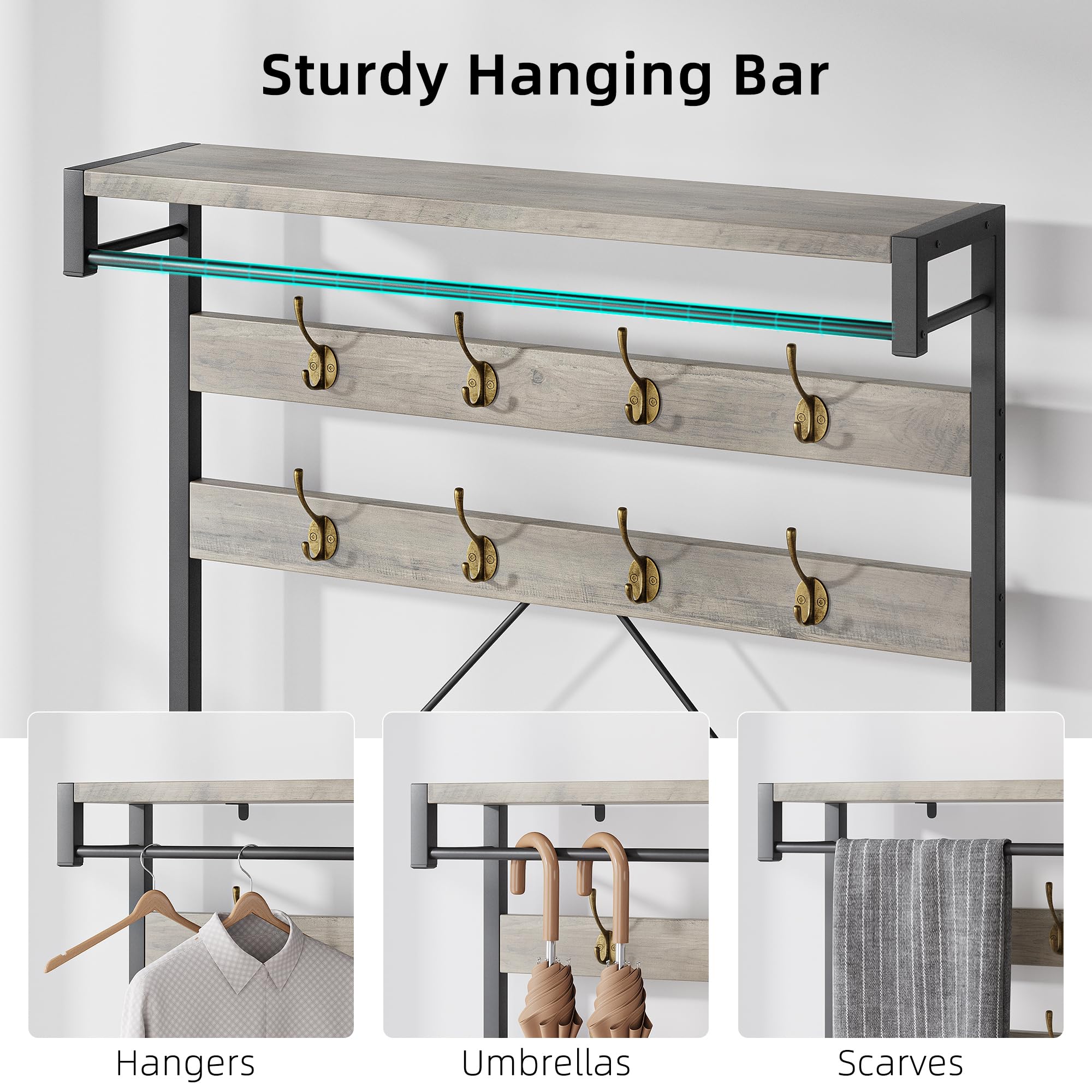 Industrial Coat Rack Shoe Bench with 8 Hooks & Storage Shelf - 39.9