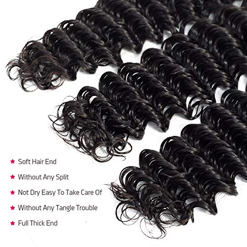 Mariska Deep Wave Brazilian Human Hair Bundles - 3 Bundles Unprocessed Virgin Remy Hair for Weaving (12/14/16 Inch, Natural Black) - Perfect for Wigs, Extensions & Protective Styles