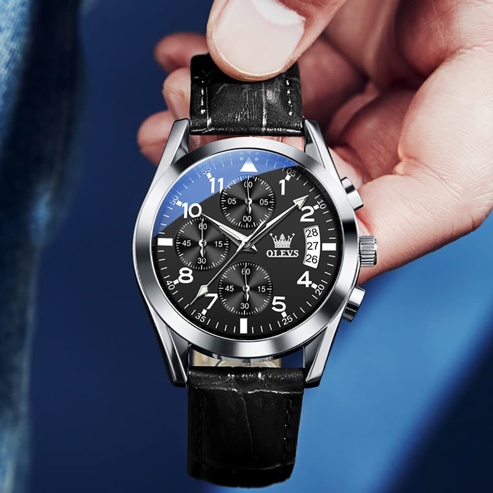 OLEVS Men's Brown Leather Chronograph Watch with Date - Large Face Analog Quartz Wristwatch for Business, Casual & Sports | Waterproof Dress Watch for Men (Reloj De Hombre) - Perfect for Office, Outdoor Activities & Formal Events