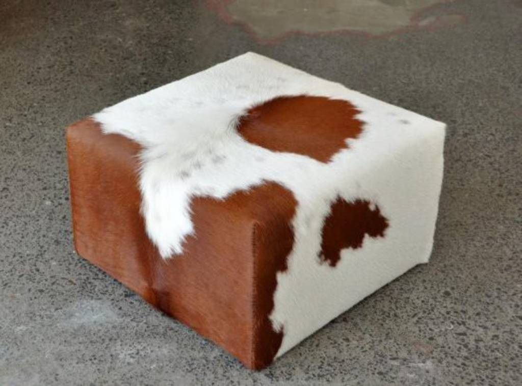 Premium Cowhide Cube Footstool with Invisible Button Glides - 19.7x19.7x11.8 Inch Modern Ottoman for Living Room, Bedroom & Office - Durable Leather Pouf with Non-Slip Base for Comfortable Seating & Footrest
