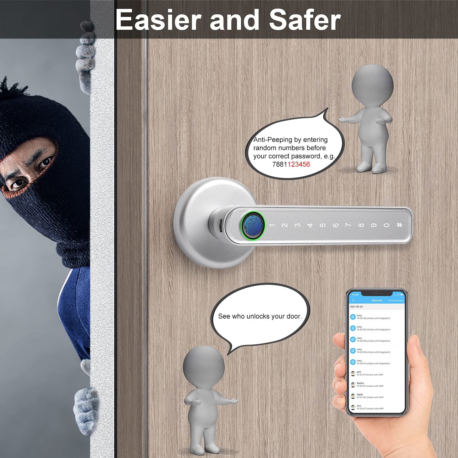 Smart Door Lock - Keyless Entry, Fingerprint & Bluetooth/WiFi App Control, Secure Digital Door Lock with Keypad & Handle for Front Door, Apartment, Office - Silver | Perfect for Home Security & Smart Access Control