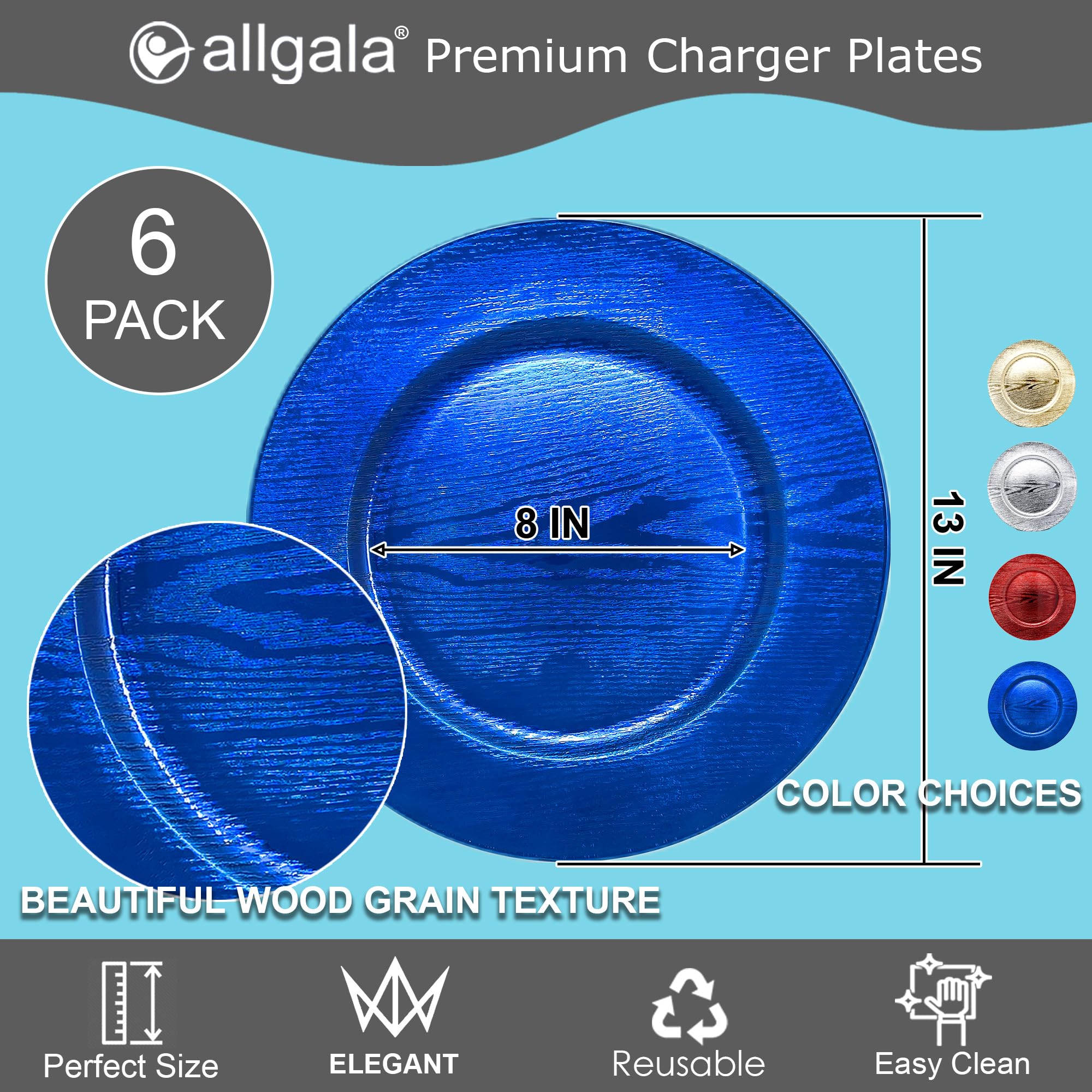 Allgala 13-Inch 6-Pack Premium Round Charger Plates - Elegant Grain Blue (HD80307) - Perfect for Weddings, Banquets, and Formal Dining Events