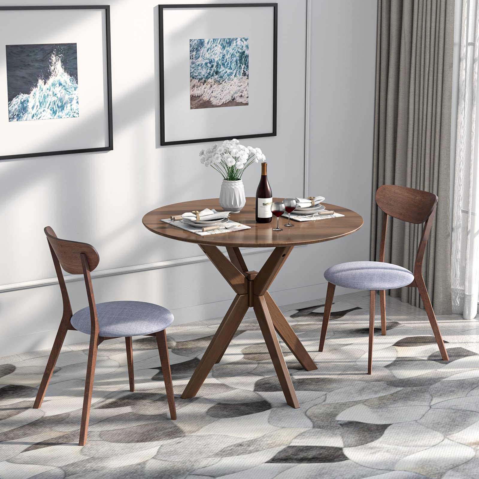 Giantex 3-Piece Wooden Farmhouse Dining Set - Round Kitchen Table with 2 Cushioned Chairs, Mid-Century Modern Dinette for Dining Room, Living Room & Small Spaces - Perfect for Family Meals, Breakfast Nook & Cozy Gatherings