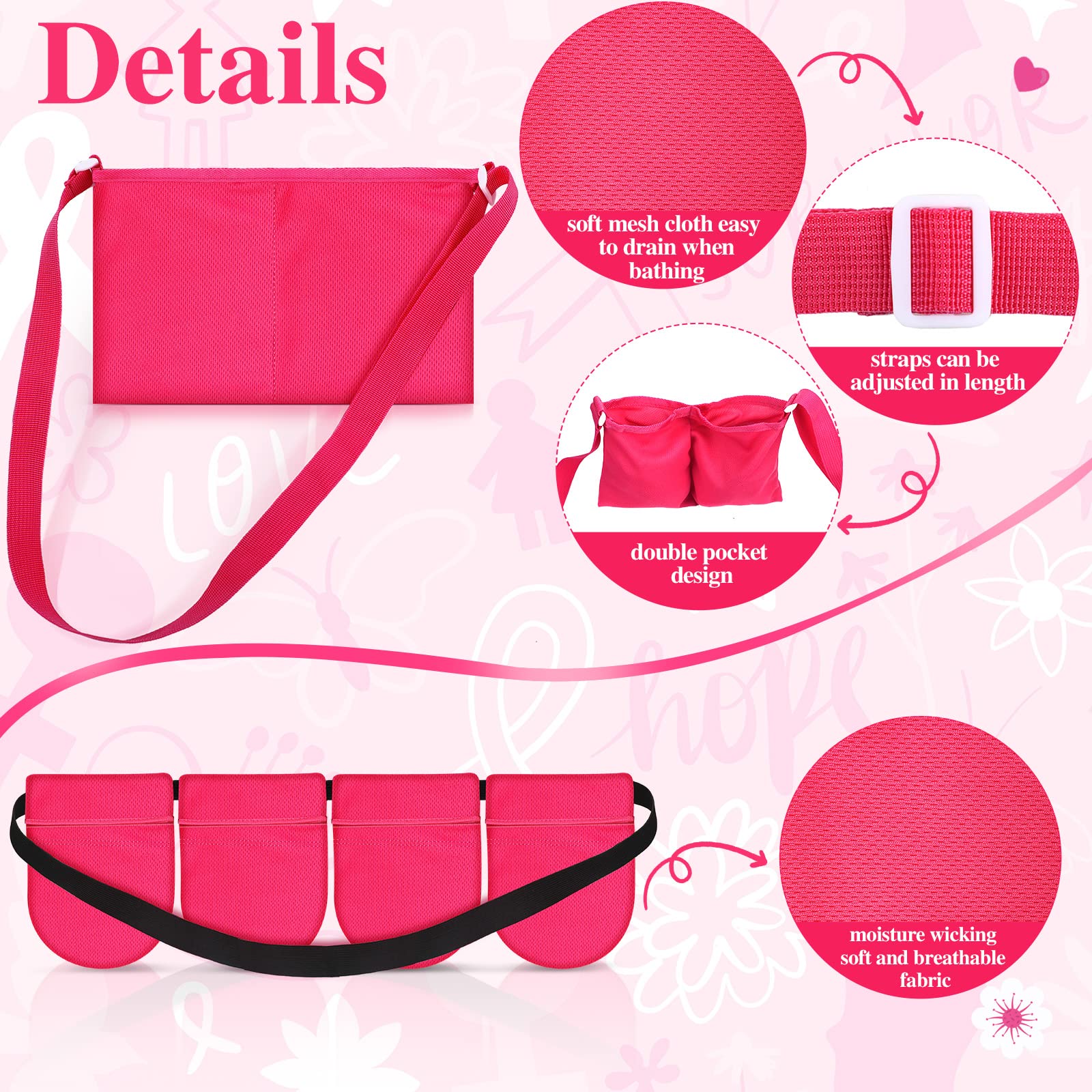 Post-Surgery Drain Holder with 4 Pockets - Adjustable Shower Bag for Mastectomy & Tummy Tuck Recovery | Quick-Dry, Stretchy & Handy | Ideal for Breast Augmentation/Reduction Patients | Perfect for Showering, Hospital Stay & Home Care (Pink)