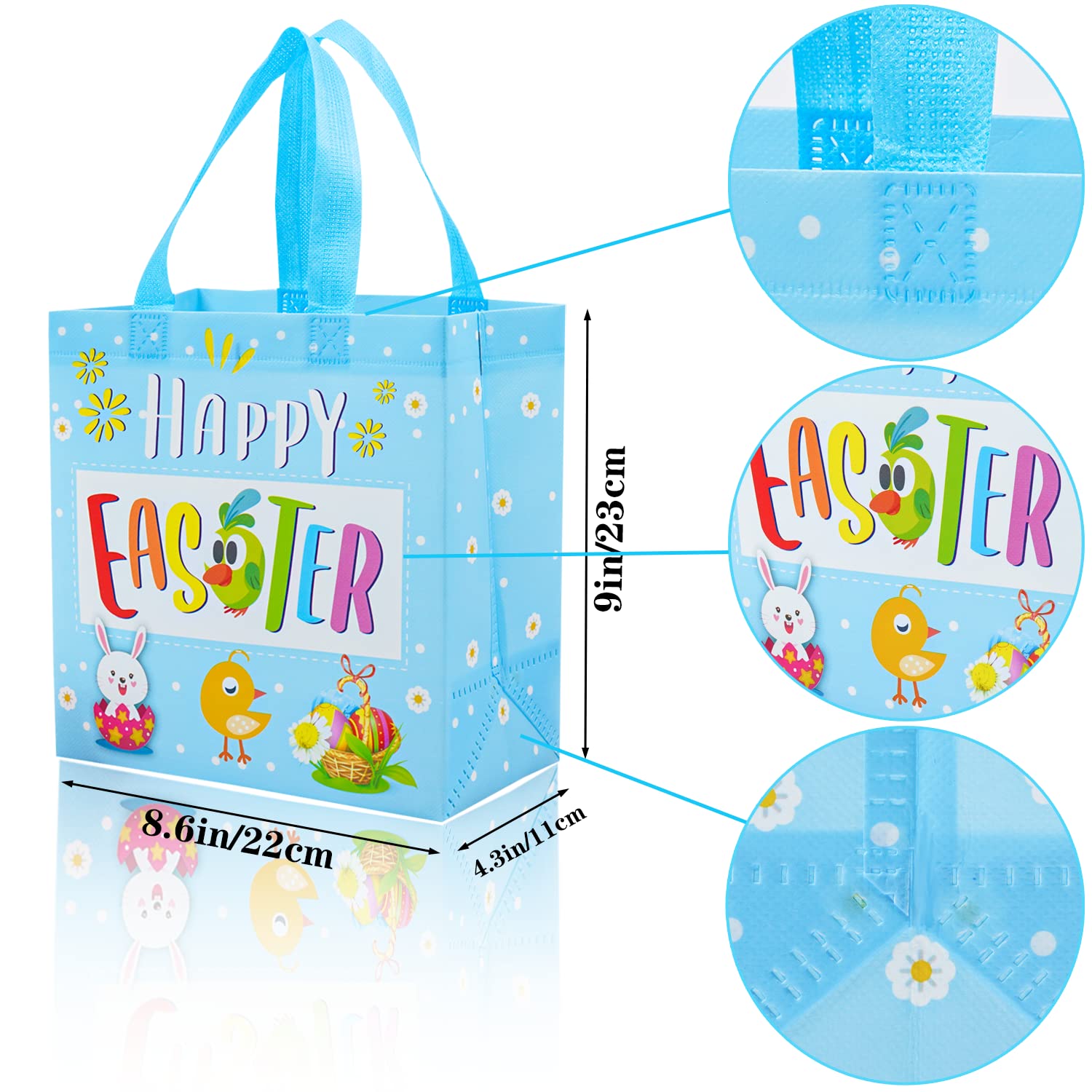 6Pcs Easter Non-Woven Reusable Gift Bags with Handles - Bunny Rabbit Design Waterproof Treat Bags for Kids Party Favors, Egg Hunt & Easter Basket Stuffers