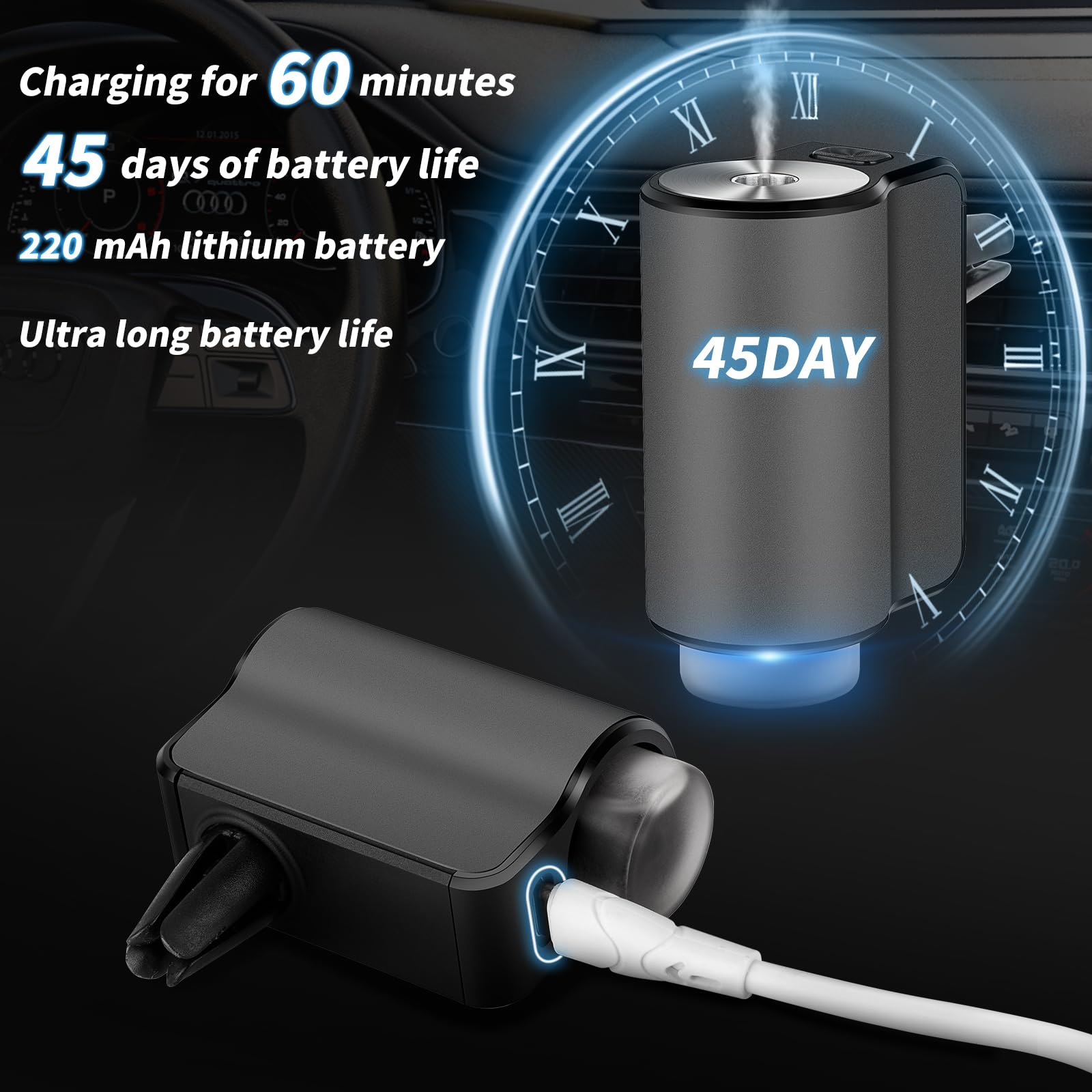 Smart Automatic Car Air Freshener with 3 Perfume Bottles - Rechargeable & 3-Level Adjustable Diffuser for Vehicles (Coco Chanel Scent) | Eliminate Odors & Freshen Your Car Interior | Perfect for Commuting, Road Trips & Rideshare Drivers