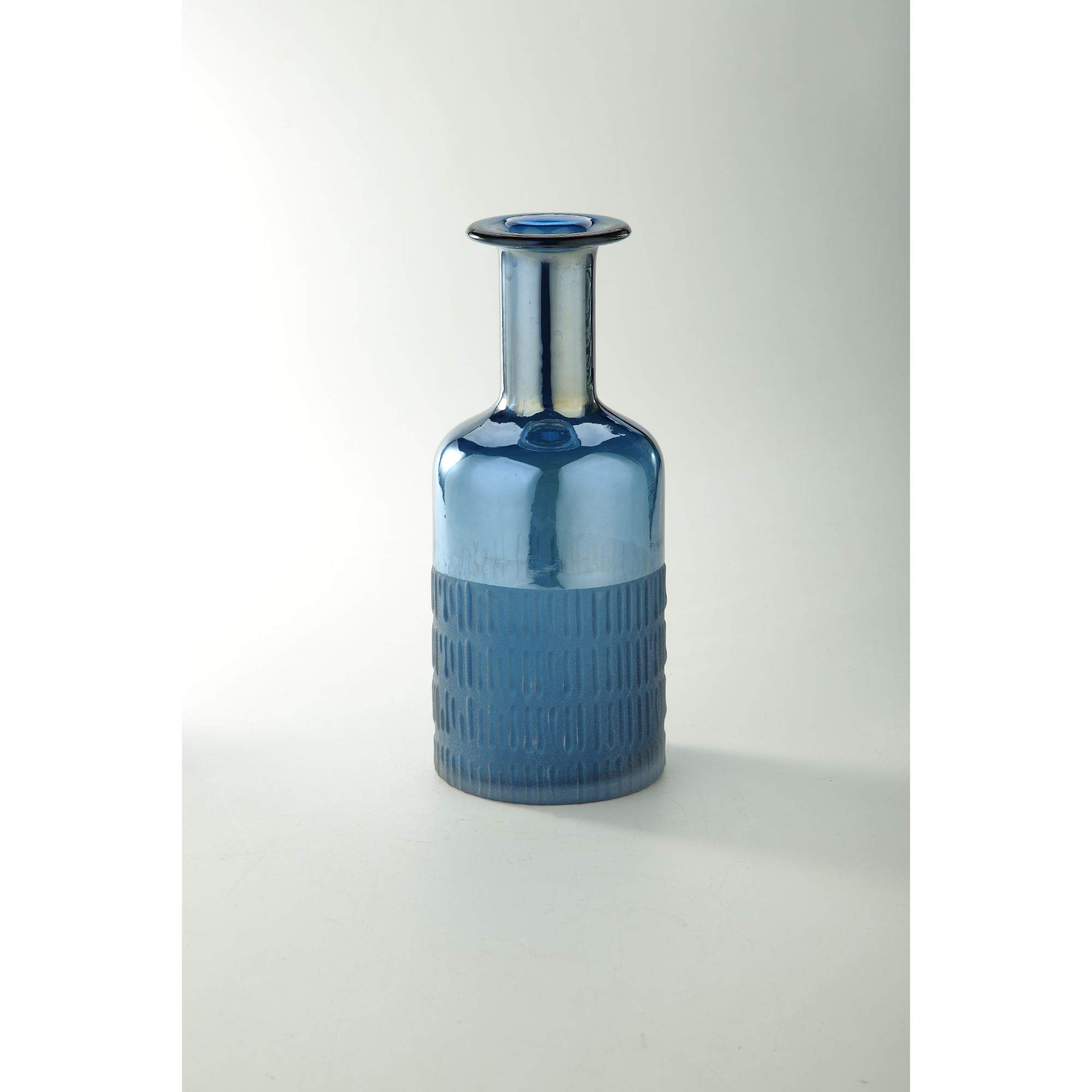 CC Home Furnishings 12 Inch Blue Line Pattern Embossed Glass Vase - Elegant Centerpiece for Weddings, Home Decor & Floral Arrangements