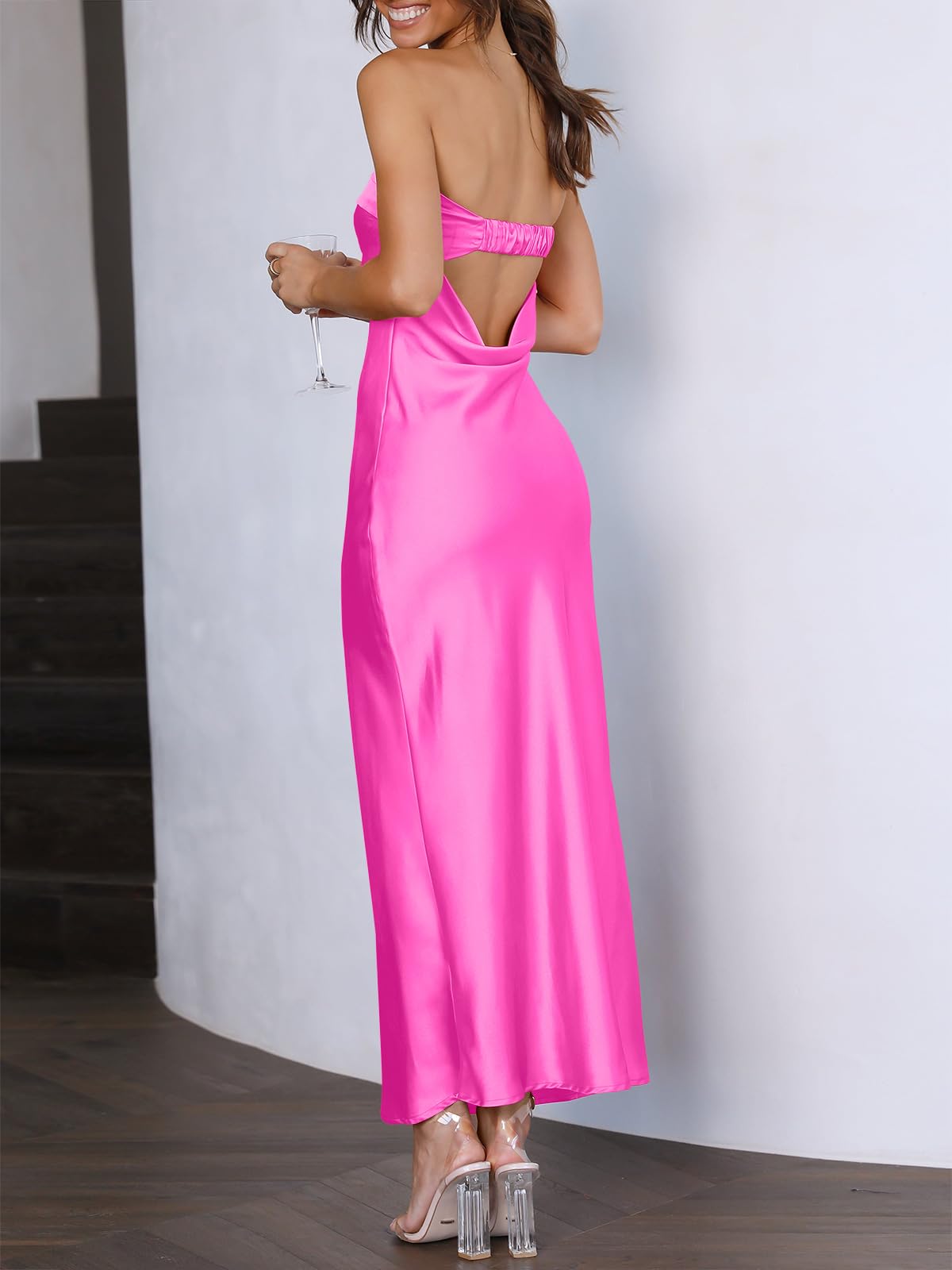 Caracilia Women's Strapless Satin Tube Bodycon Maxi Dress - Backless Formal Gown for Wedding Guest, Prom, Cocktail Party & Spring Summer Evening Events 2025