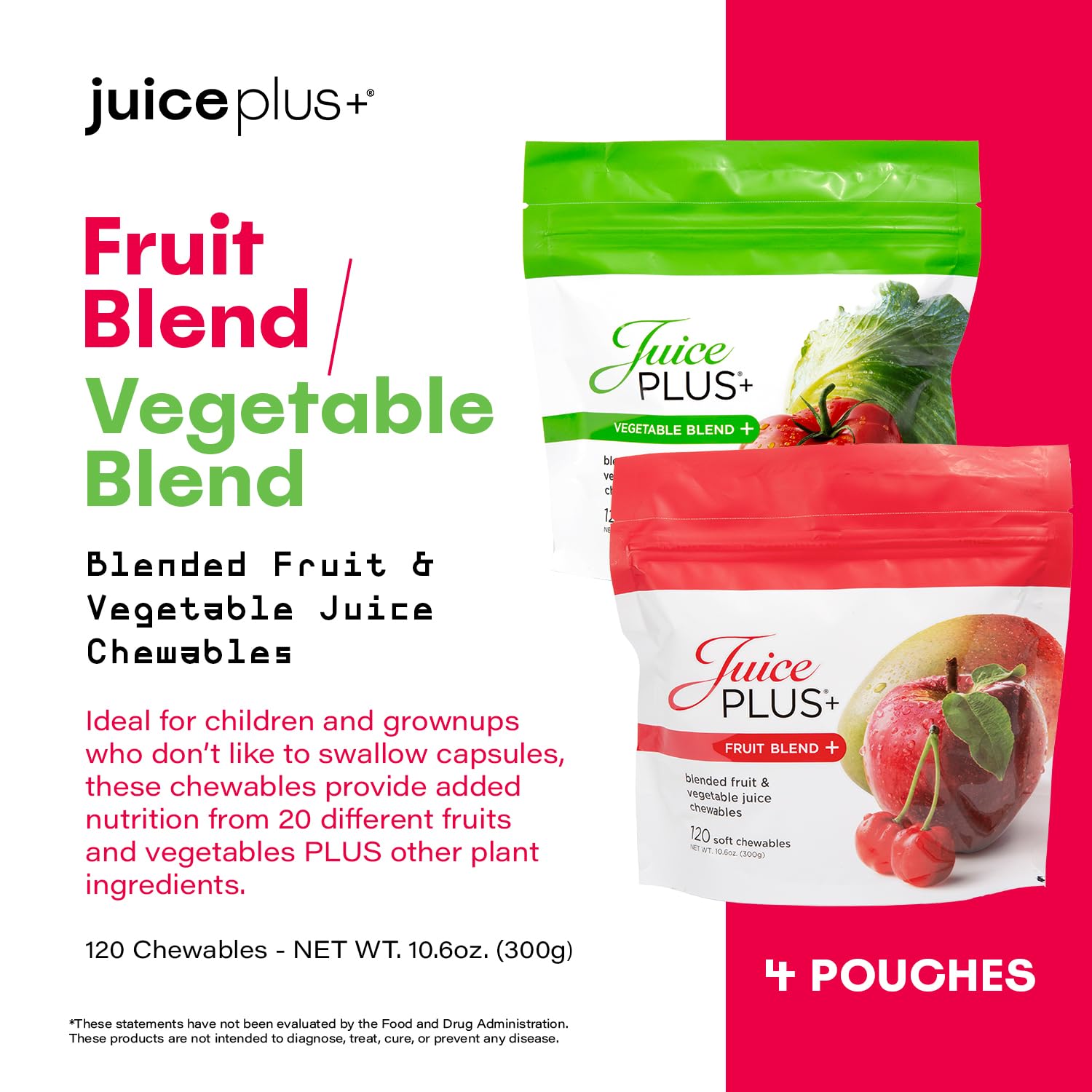 JuicePlus+ Fruit & Vegetable Blend Soft Chews - Delicious Vegan Gummy Vitamins for Adults & Kids - 120 Chews (4 Pouches) - Supports Immune Health & Daily Nutrition - Perfect for Busy Families & On-the-Go Lifestyles