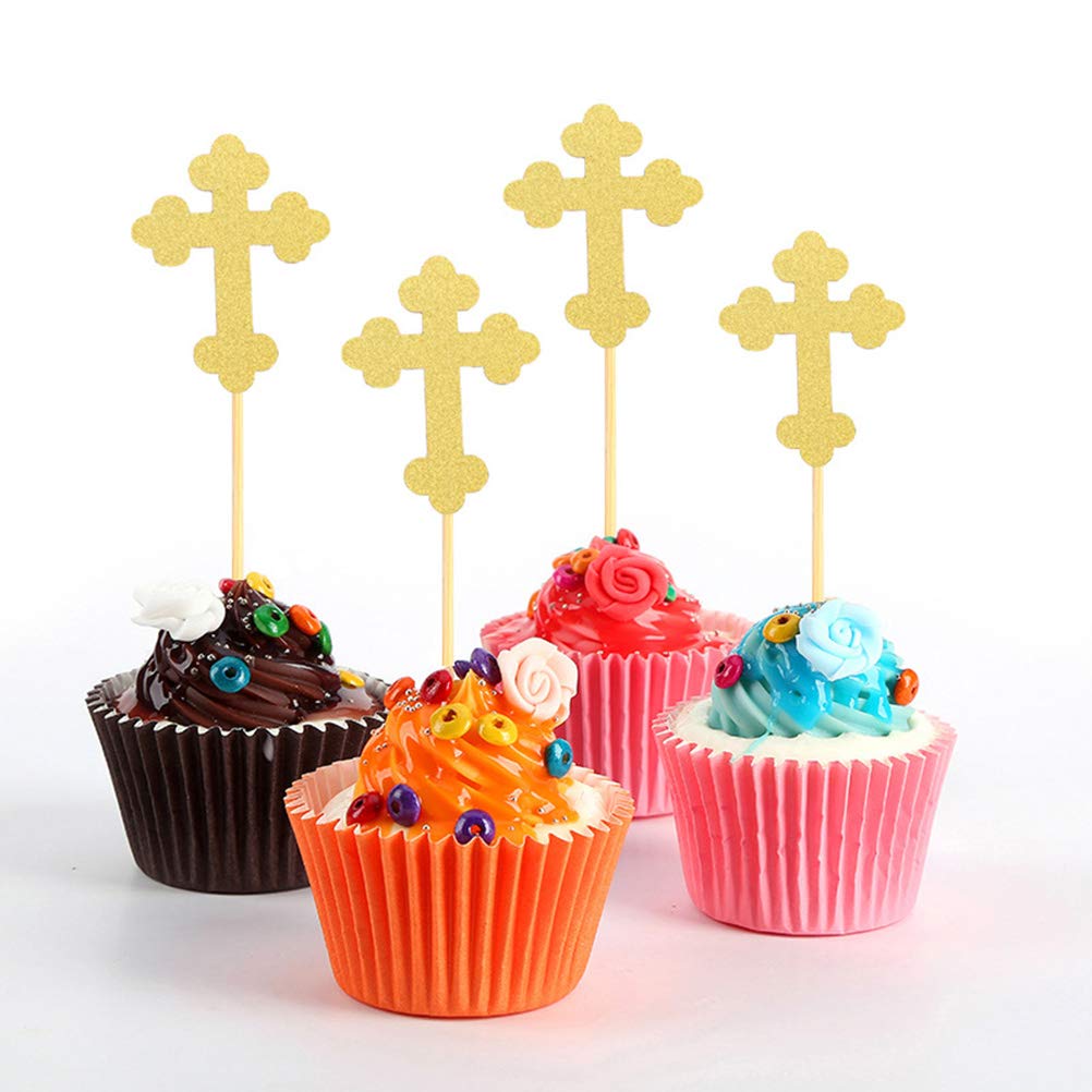 24pcs Reusable Wooden Cross Cupcake Toppers - Glitter Paper Cake Decorations for Birthday, Wedding & DIY Party Dessert Decorating - Perfect for Cupcakes, Cakes & Dessert Displays