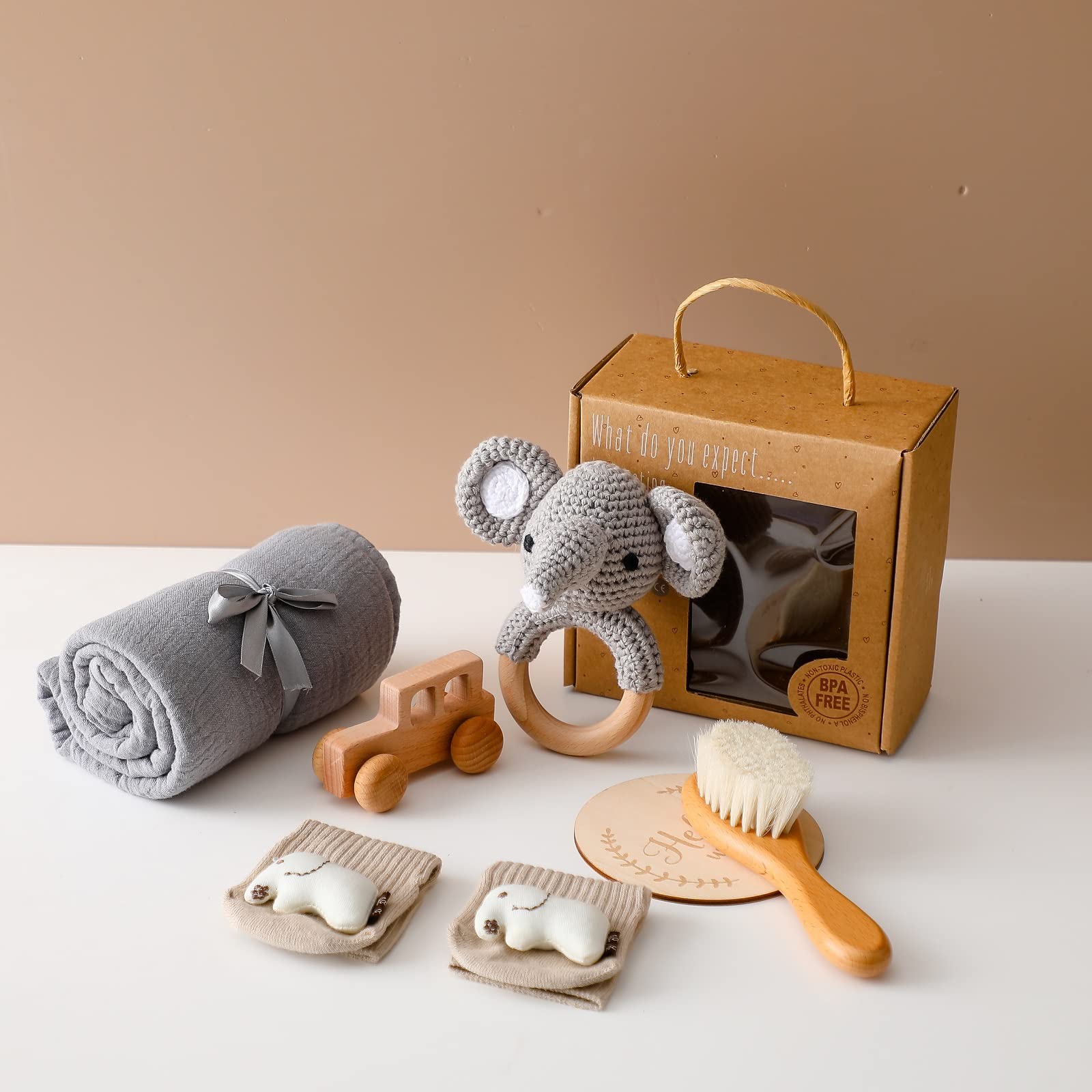6-Piece Newborn Baby Gift Set for Boys & Girls - Baby Shower Essentials with Blanket, Rattle & Bath Items | Perfect for Newborn Gifts, Baby Showers & First Birthday Presents (Gray Elephant-5)