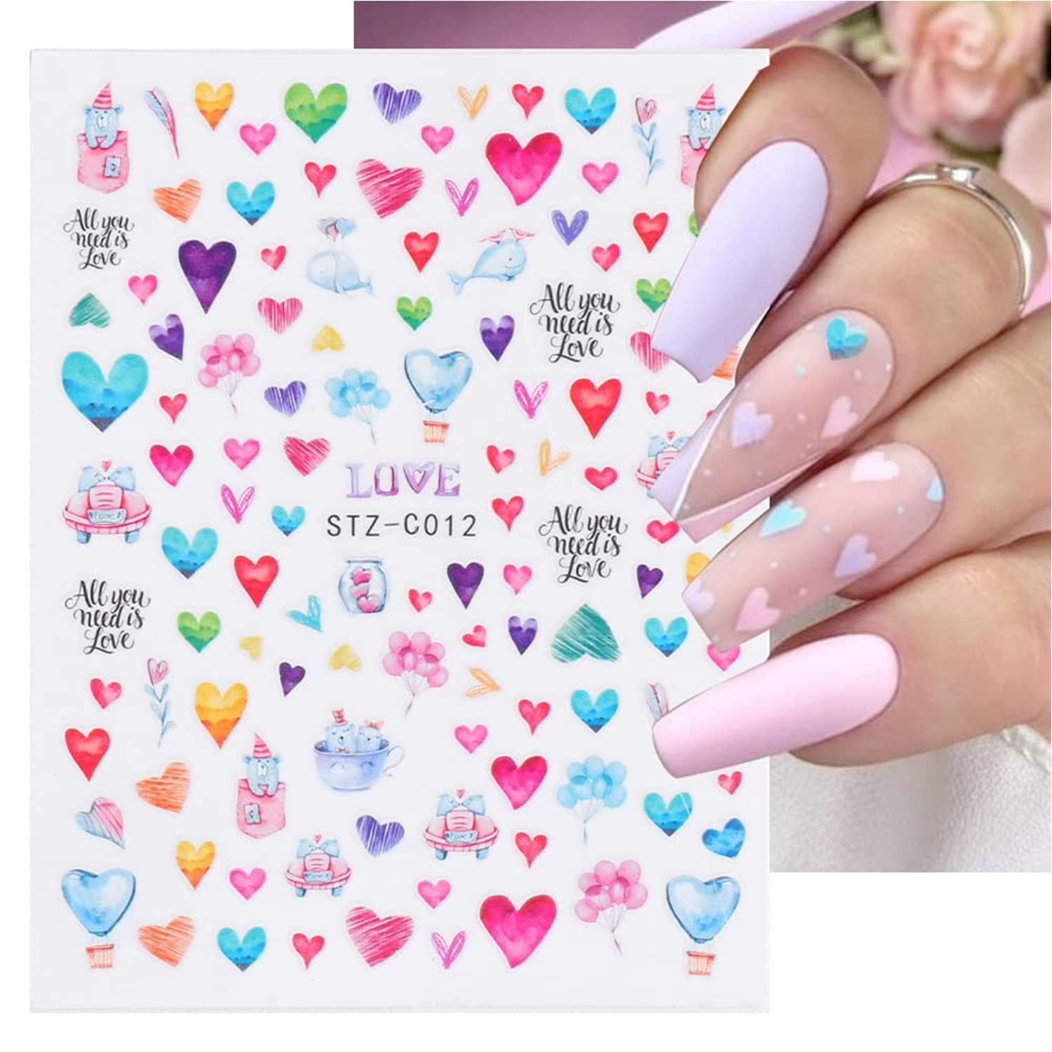 Valentine's Day Nail Stickers - 9 Sheets 3D Self-Adhesive Nail Art Decals with Love Hearts & Bows for Women, Girls, Kids - DIY Manicure Tips & Nail Supplies - Perfect for Parties, Dating & Special Occasions