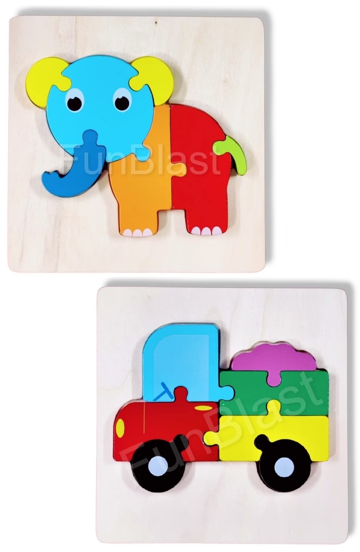 FunBlast Wooden Puzzles for Kids - Early Learning Educational Toys, Elephant & Vehicle 3D Puzzle Set for Toddlers & Preschoolers | Perfect for Birthday Gifts, Classroom Activities & Montessori Learning (Set of 2)
