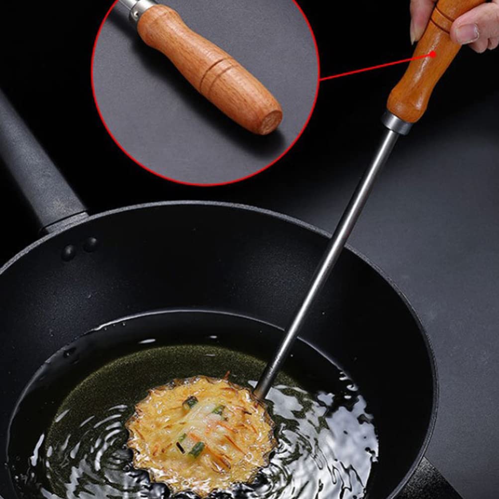 Stainless Steel Wooden Handle Frying Spoon - 5.2x15.7 Inch Round Flat Basting Ladle for Cooking, Sauteing & Serving - Perfect for Kitchen, BBQ, Camping & Outdoor Cooking