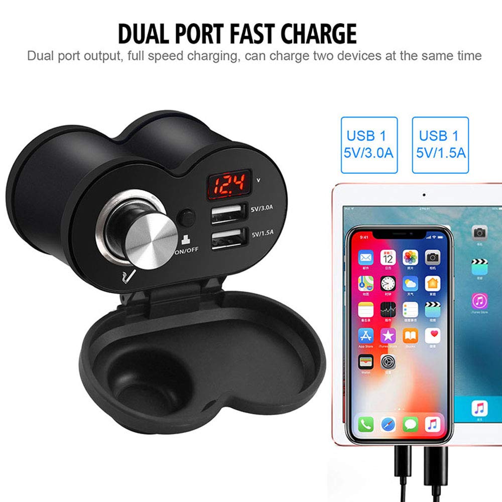 12V/24V Motorcycle USB Charger with QC 3.0 Fast Charging, Dual USB Ports & LED Voltmeter - Waterproof Black Cigarette Lighter Socket for Phone & Devices - Perfect for Long Rides, Road Trips & Outdoor Adventures