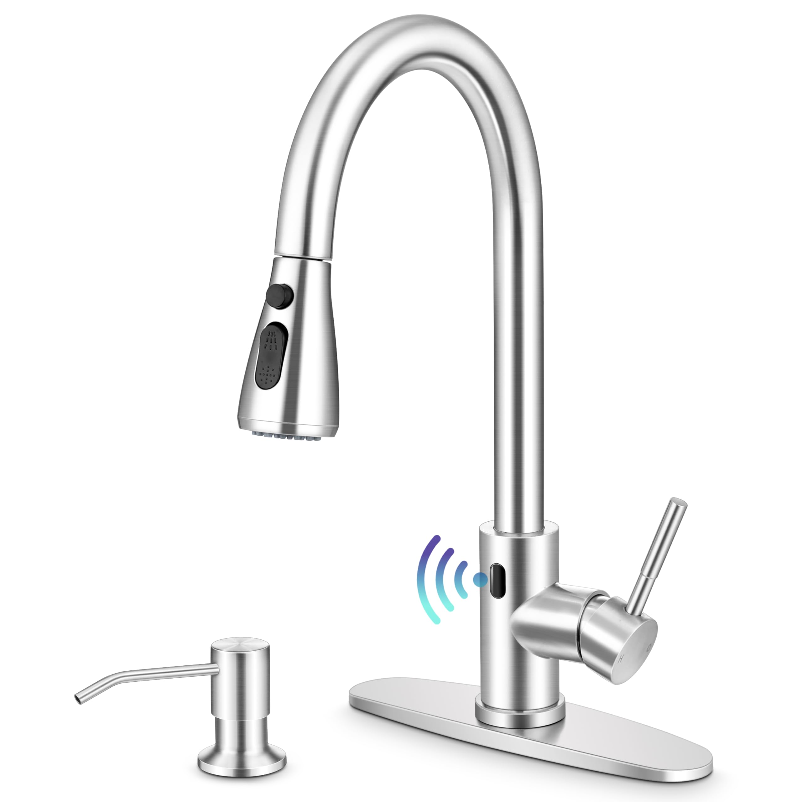 Herogo Touchless Kitchen Faucet with Motion Sensor & Pull Down Sprayer - Brushed Nickel Stainless Steel Smart Activated Sink Faucet with Soap Dispenser - Ideal for Farmhouse, RV, and Modern Kitchens (Easy Installation & Water Saving)