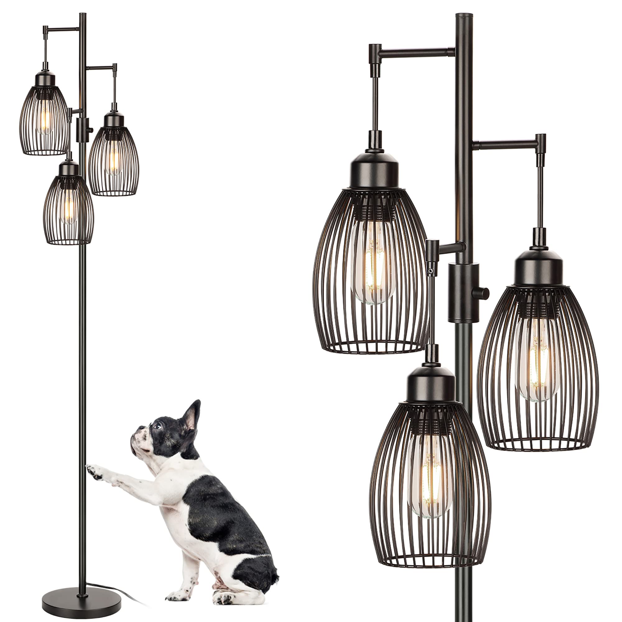 68’’ Dimmable LED Floor Lamp with 3 x 800LM Edison Bulbs - Industrial Rustic Standing Lamp for Living Room & Bedroom - Perfect for Reading, Relaxing, and Home Decor