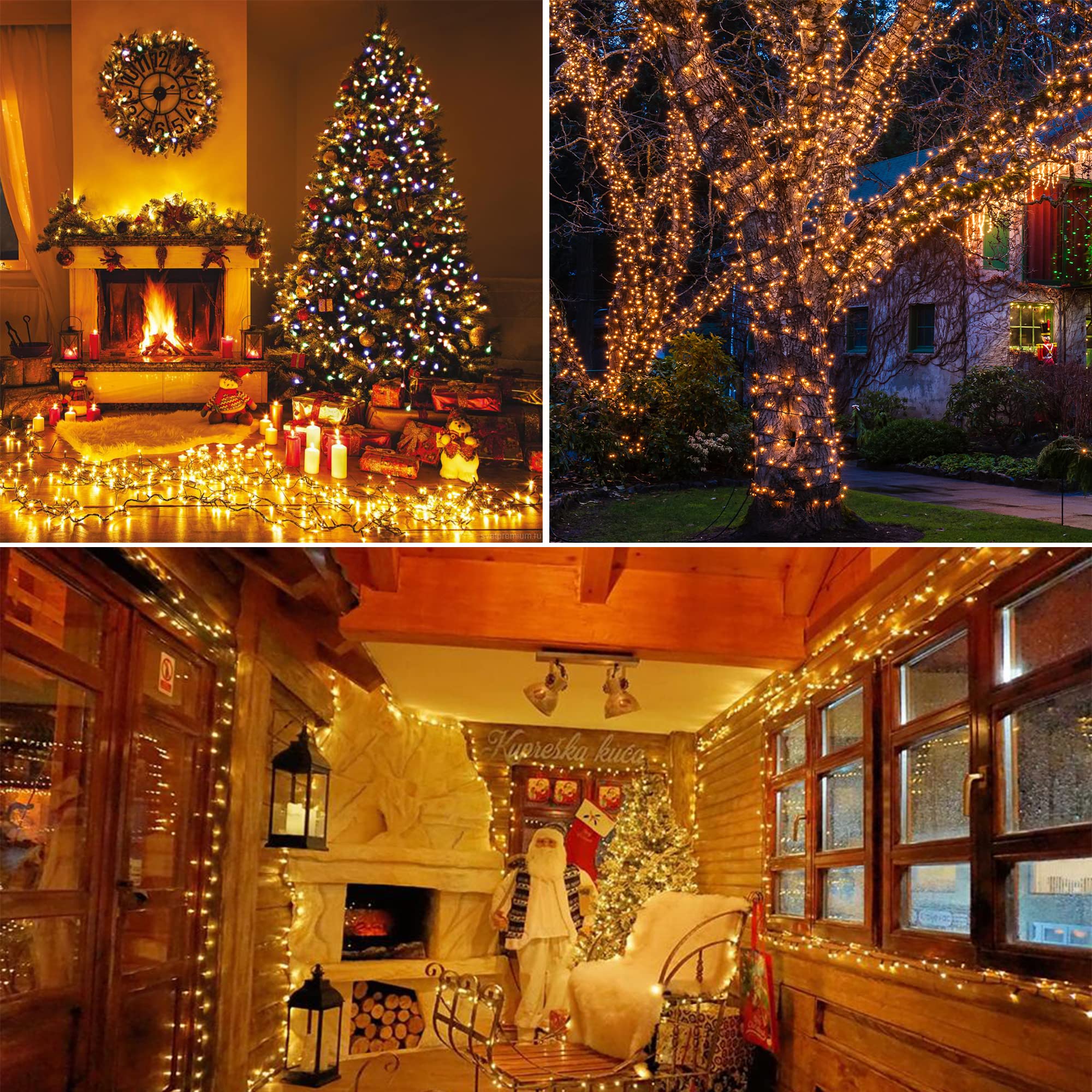 Kemooie 300 LED Christmas Lights - 99FT Connectable Green Wire Tree Lights with 8 Lighting Modes & Timer, Waterproof for Indoor/Outdoor Use - Perfect for Patio, Garden, Wedding & Party Decorations (Warm White)