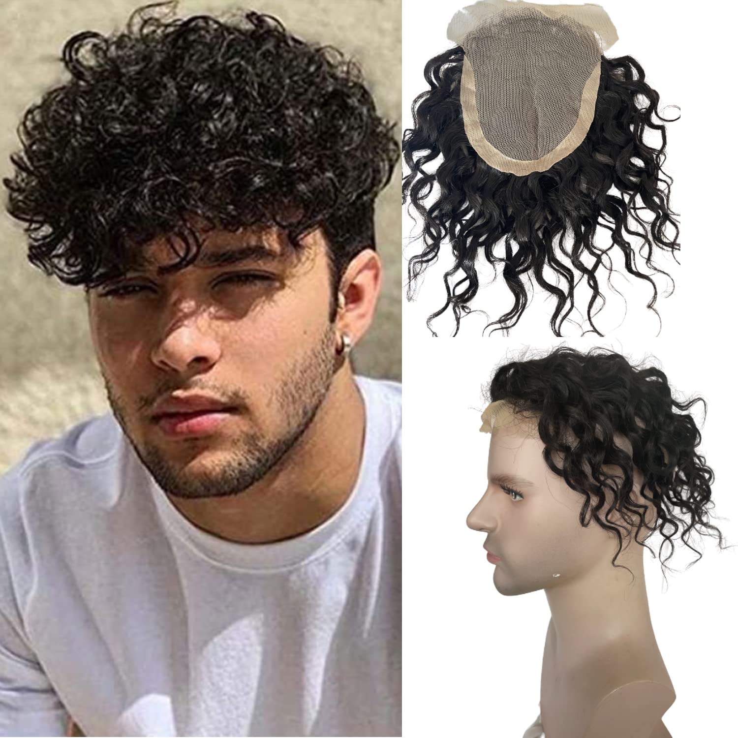 100% European Virgin Human Hair Toupee for Men - 8 Inch Curly Hair Replacement System with Swiss Lace & PU Base (4.33x6.69 Inch, Natural Black) - Perfect for Daily Wear, Special Occasions & Hair Loss Solutions