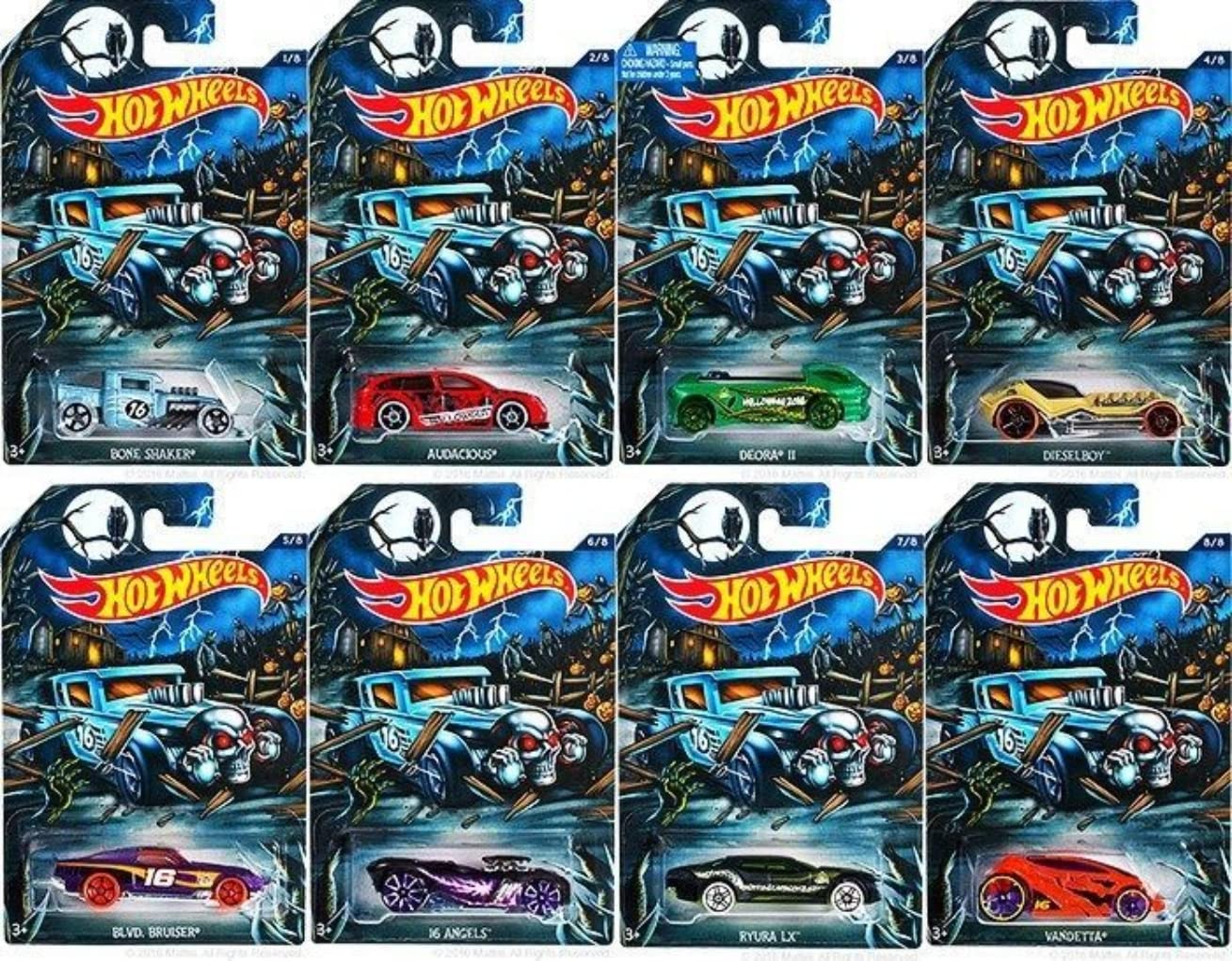 Hot Wheels 2016 Halloween Complete Set of 8 Limited Edition Diecast Cars - Rare Collectible Toy Vehicles for Display & Play - Perfect for Halloween Decorations, Gift Giving & Car Enthusiast Collections