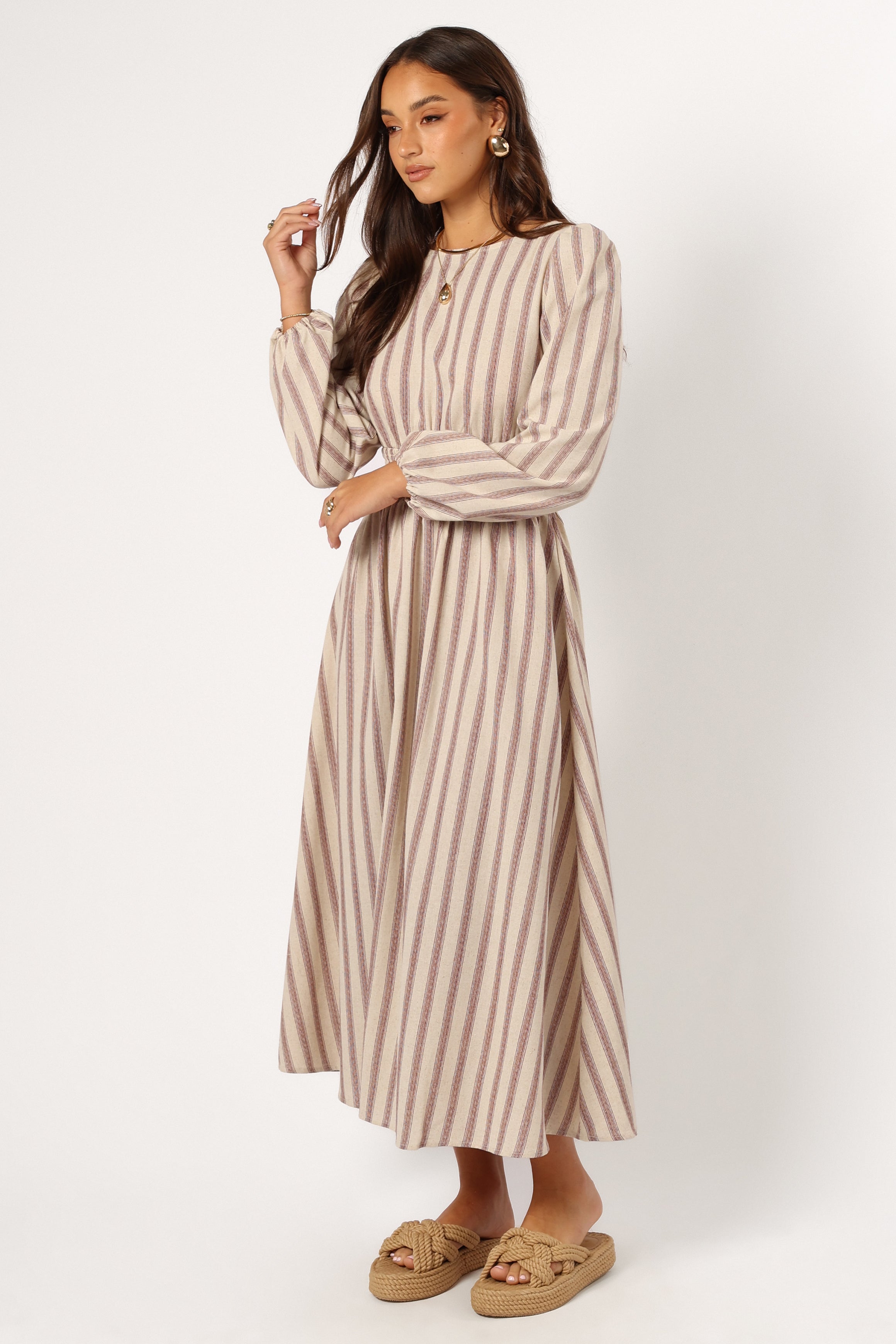 Jimi Long Sleeve Maxi Dress - Brown Striped Flowy Women's Dress for Casual Wear, Fall Outfits & Special Occasions