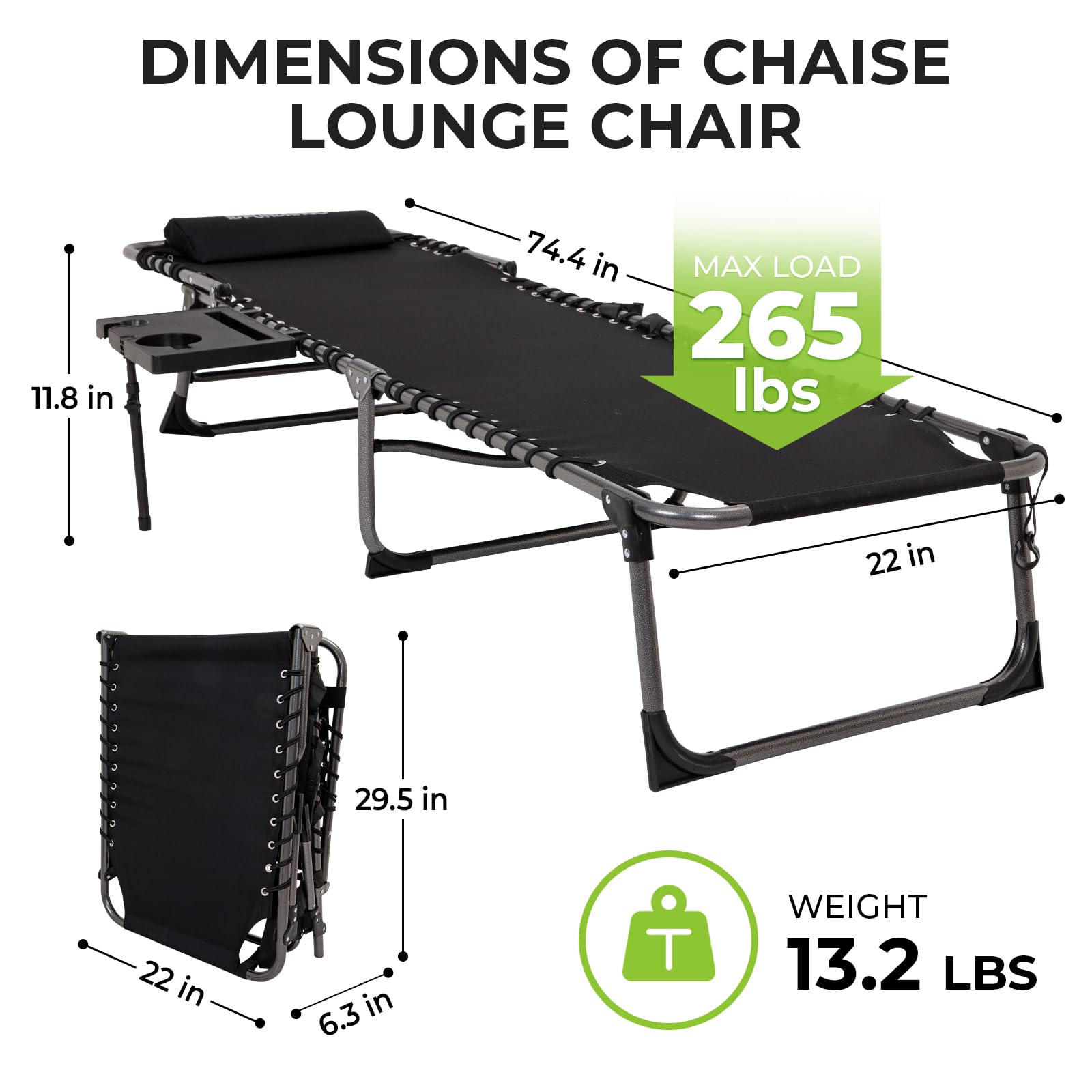 FUNDANGO Outdoor Folding Chaise Lounge Chair with Side Table - 5-Position Adjustable Reclining Camping Chair for Adults with Pillow - Perfect for Patio, Pool, Lawn, Beach & Sunbathing - Black